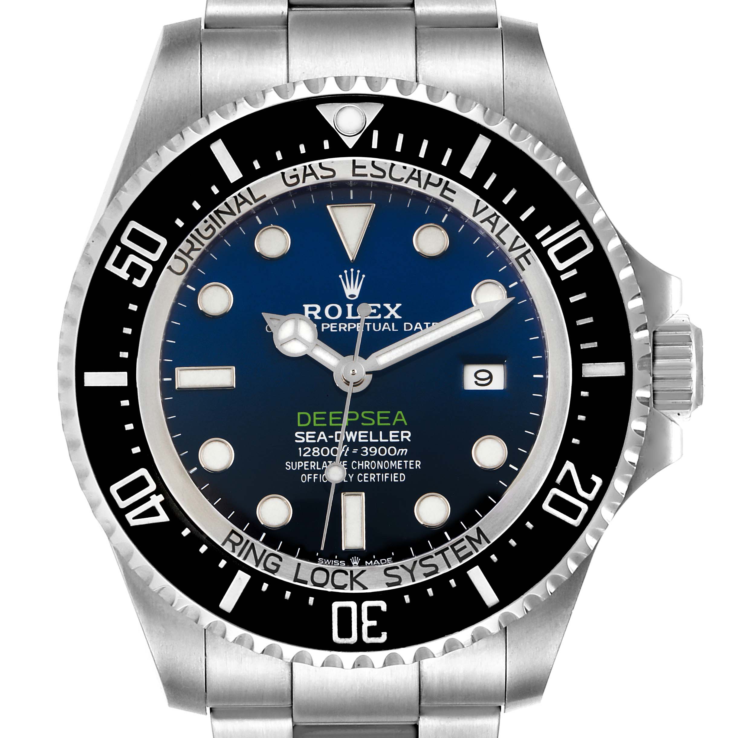 The image shows the front face of the Rolex Sea-Dweller 126660 Men
s Stainless Steel Blue Dial 126660 Men
s Stainless Steel Blue Dial Deepsea watch, displaying the dial, bezel, and part of the bracelet.