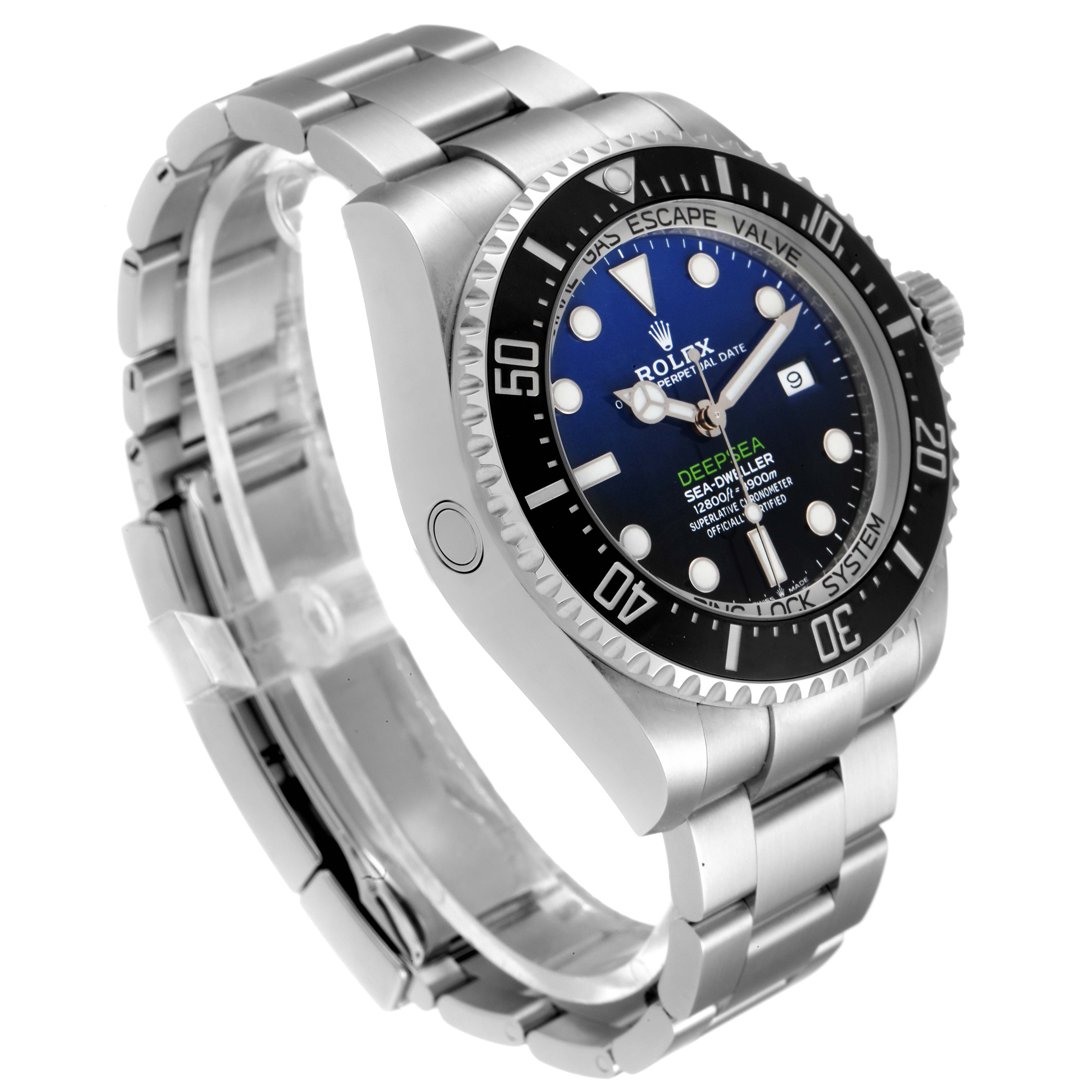The image shows a Rolex Sea-Dweller 126660 Men
s Stainless Steel Blue Dial 126660 Men
s Stainless Steel Blue Dial watch at an angled view, highlighting the face, bezel, and bracelet.