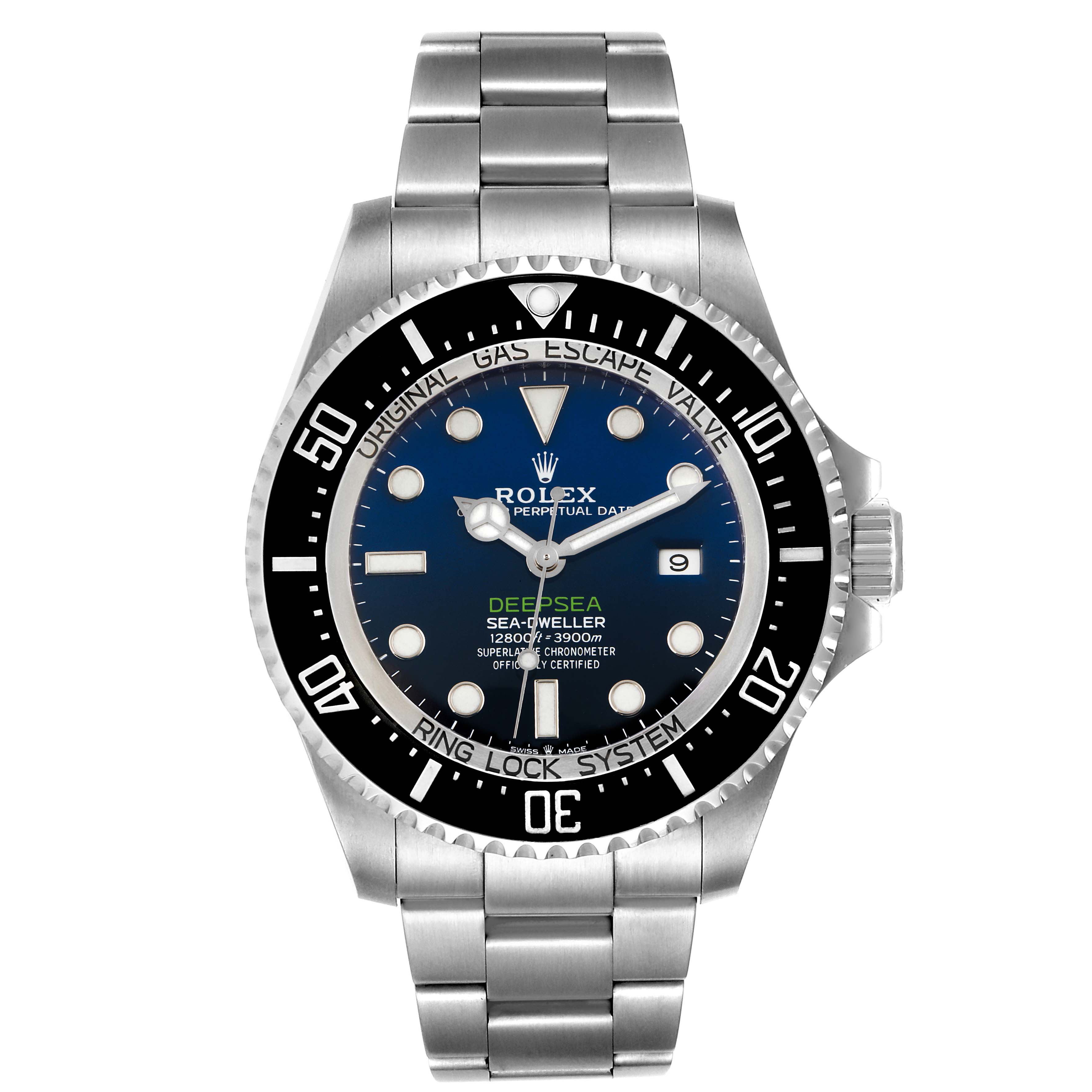 The image shows a front-facing view of a Rolex Sea-Dweller 126660 Men
s Stainless Steel Blue Dial 126660 Men
s Stainless Steel Blue Dial watch, displaying the face, bezel, and bracelet.