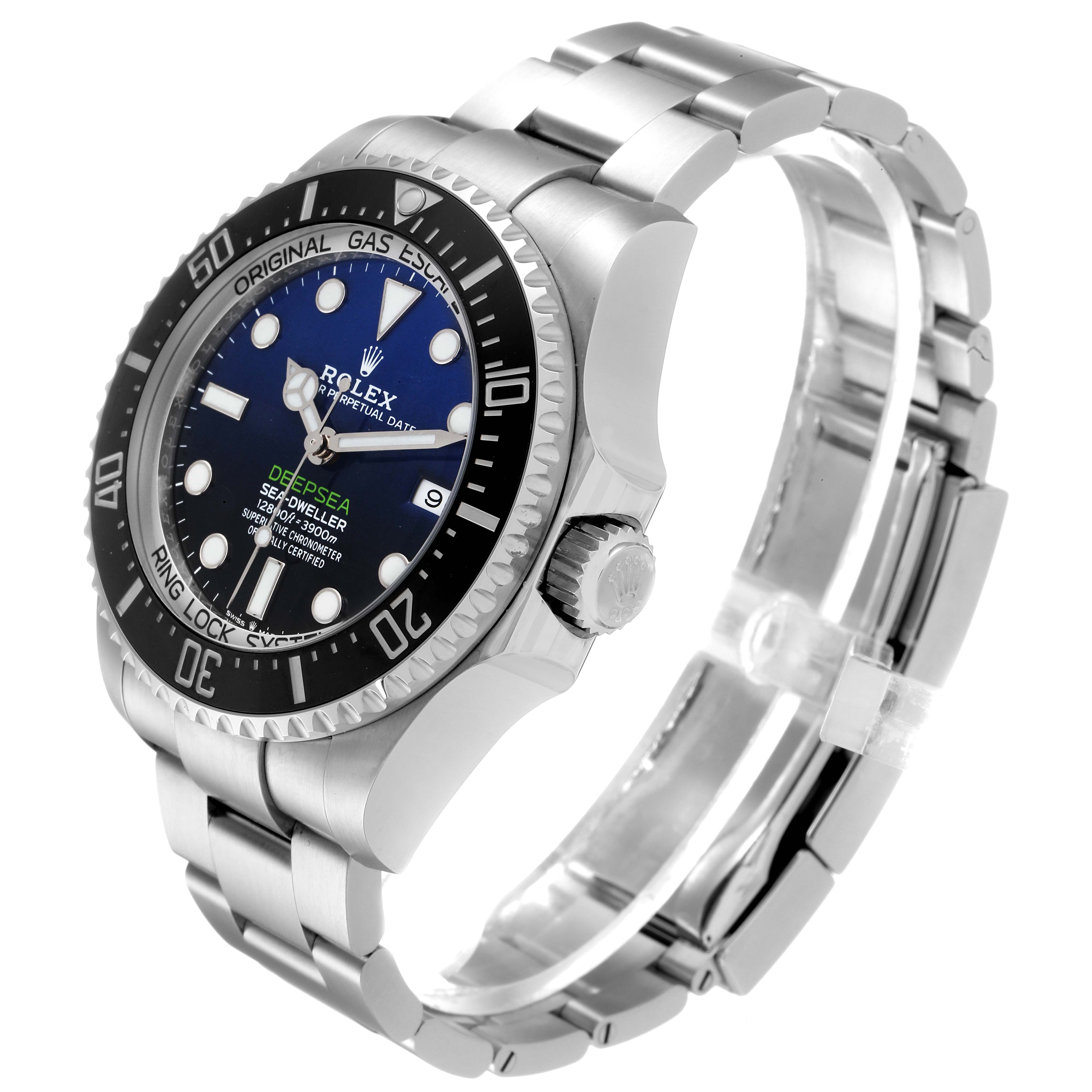 The image shows a Rolex Sea-Dweller 126660 Men
s Stainless Steel Blue Dial 126660 Men
s Stainless Steel Blue Dial watch at a three-quarter angle, highlighting its face, bezel, crown, and stainless steel bracelet.