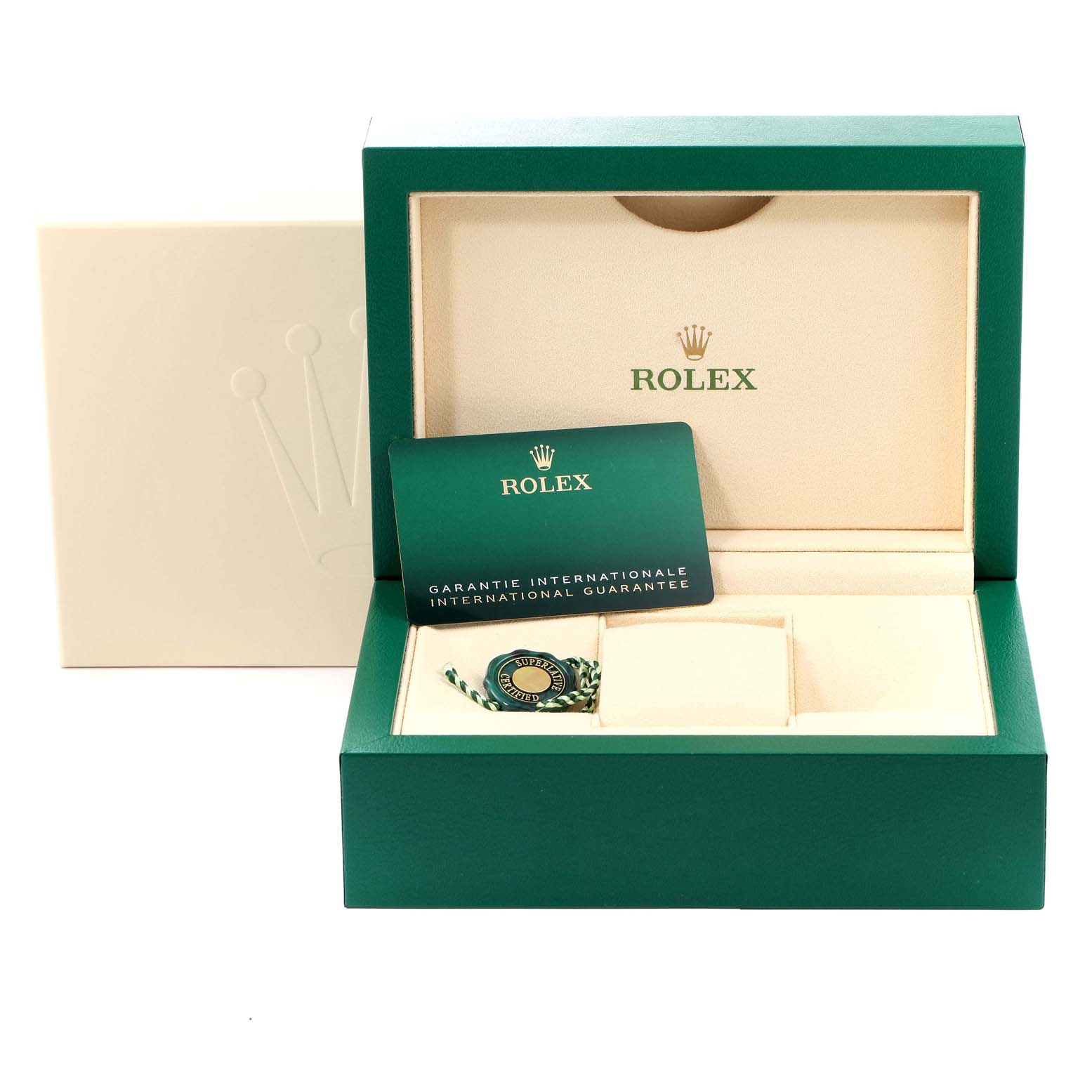 The image shows the packaging for a Rolex Sea-Dweller 126660 Men
s Stainless Steel Blue Dial 126660 Men
s Stainless Steel Blue Dial, including the interior box, warranty card, and accessory tags.