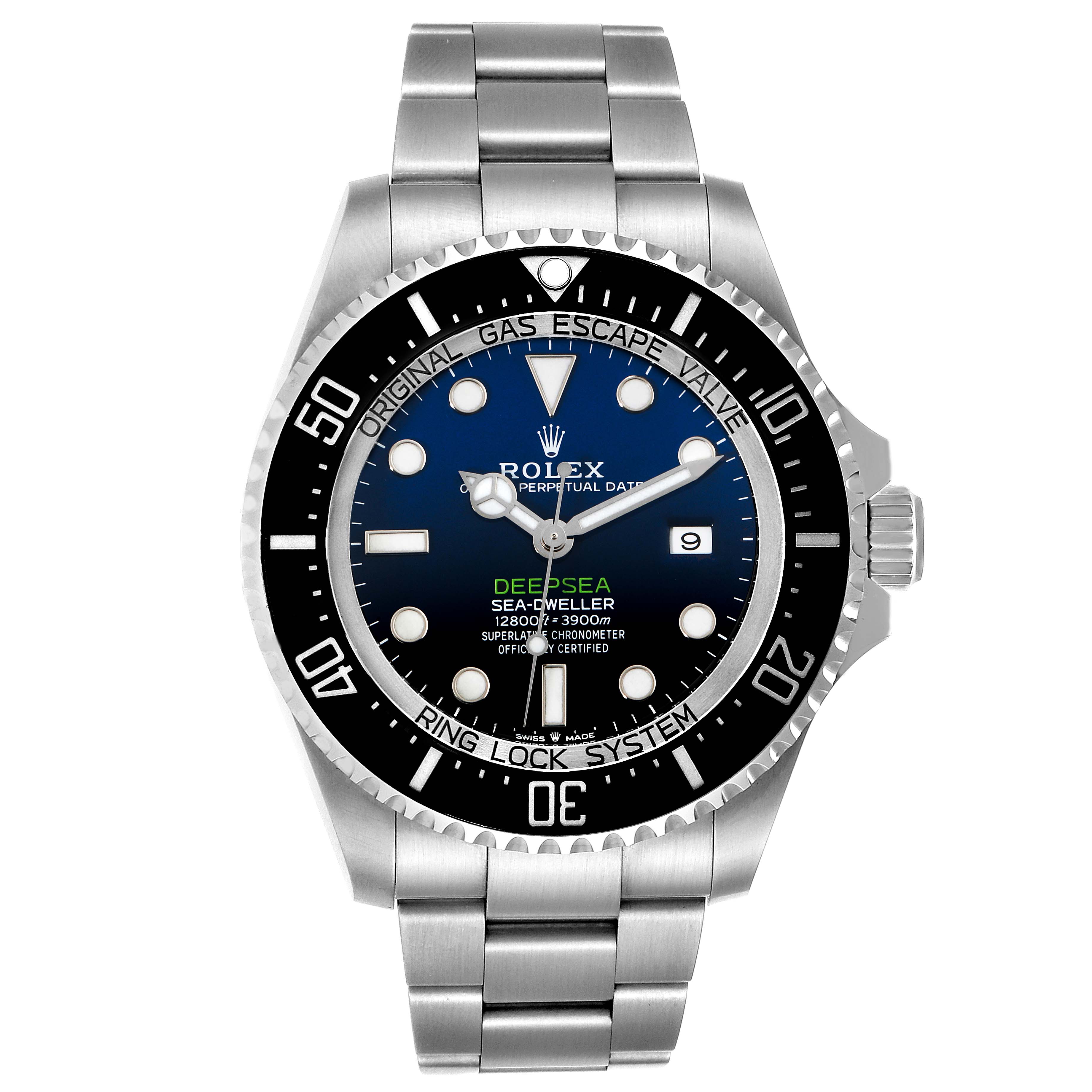 The image shows a front view of the Rolex Sea-Dweller 126660 Men
s Stainless Steel Blue Dial 126660 Men
s Stainless Steel Blue Dial watch, highlighting its dial, bezel, bracelet, and gas escape valve.