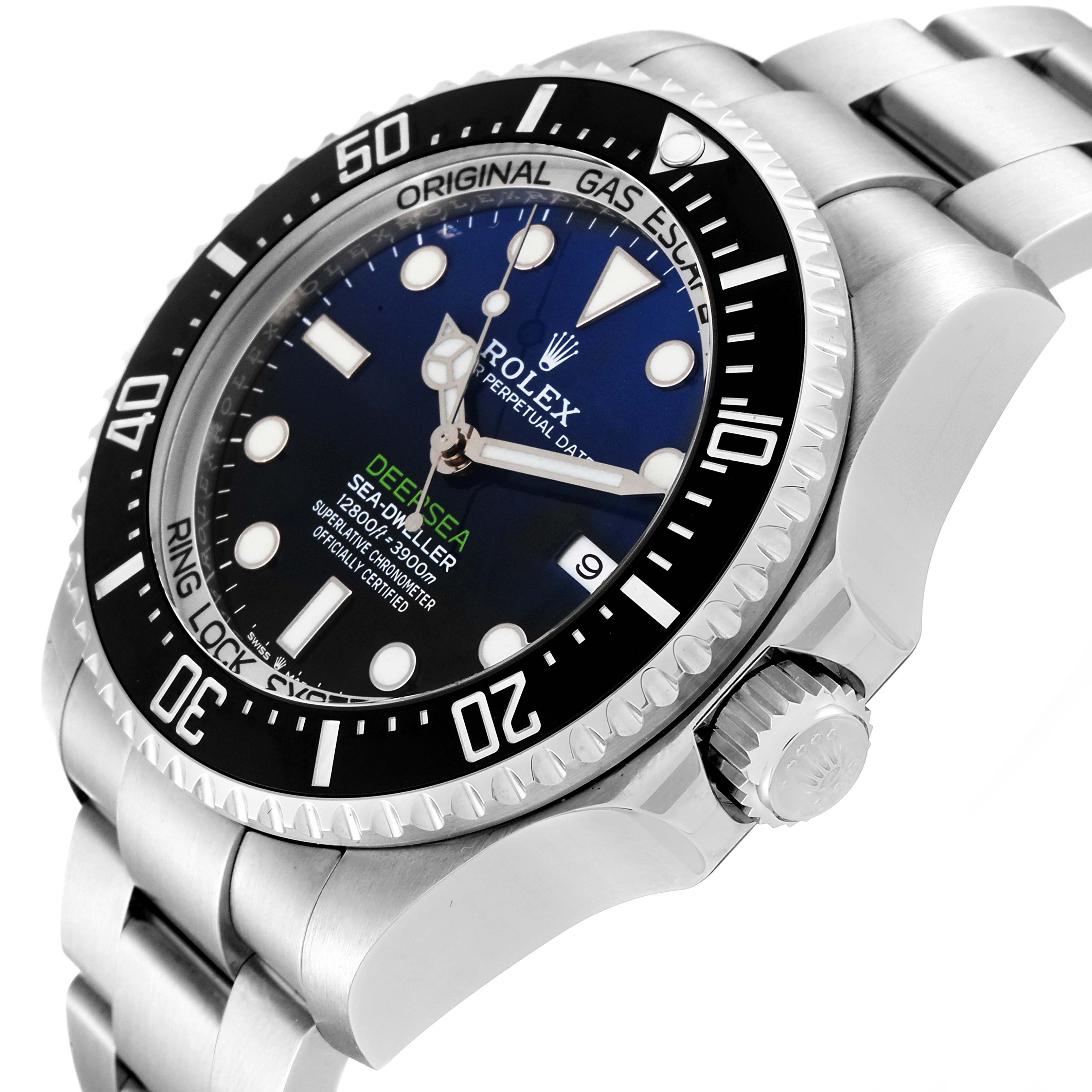 This image shows a side angle of the Rolex Sea-Dweller 126660 Men
s Stainless Steel Blue Dial 126660 Men
s Stainless Steel Blue Dial watch, including its face, bezel, and part of the bracelet.