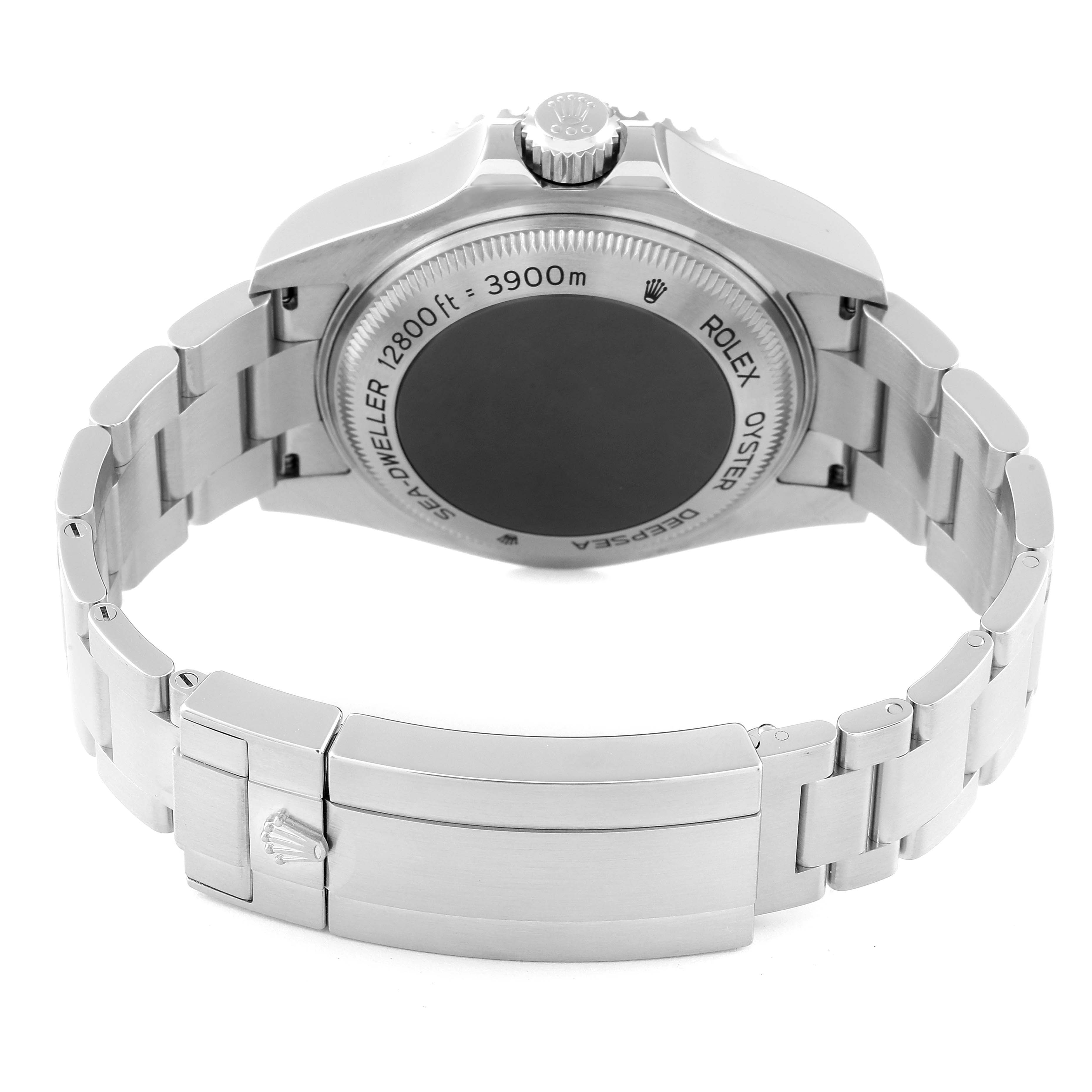 This image shows the back view of a Rolex Sea-Dweller 126660 Men
s Stainless Steel Blue Dial 126660 Men
s Stainless Steel Blue Dial watch, featuring the case back, crown, and bracelet.