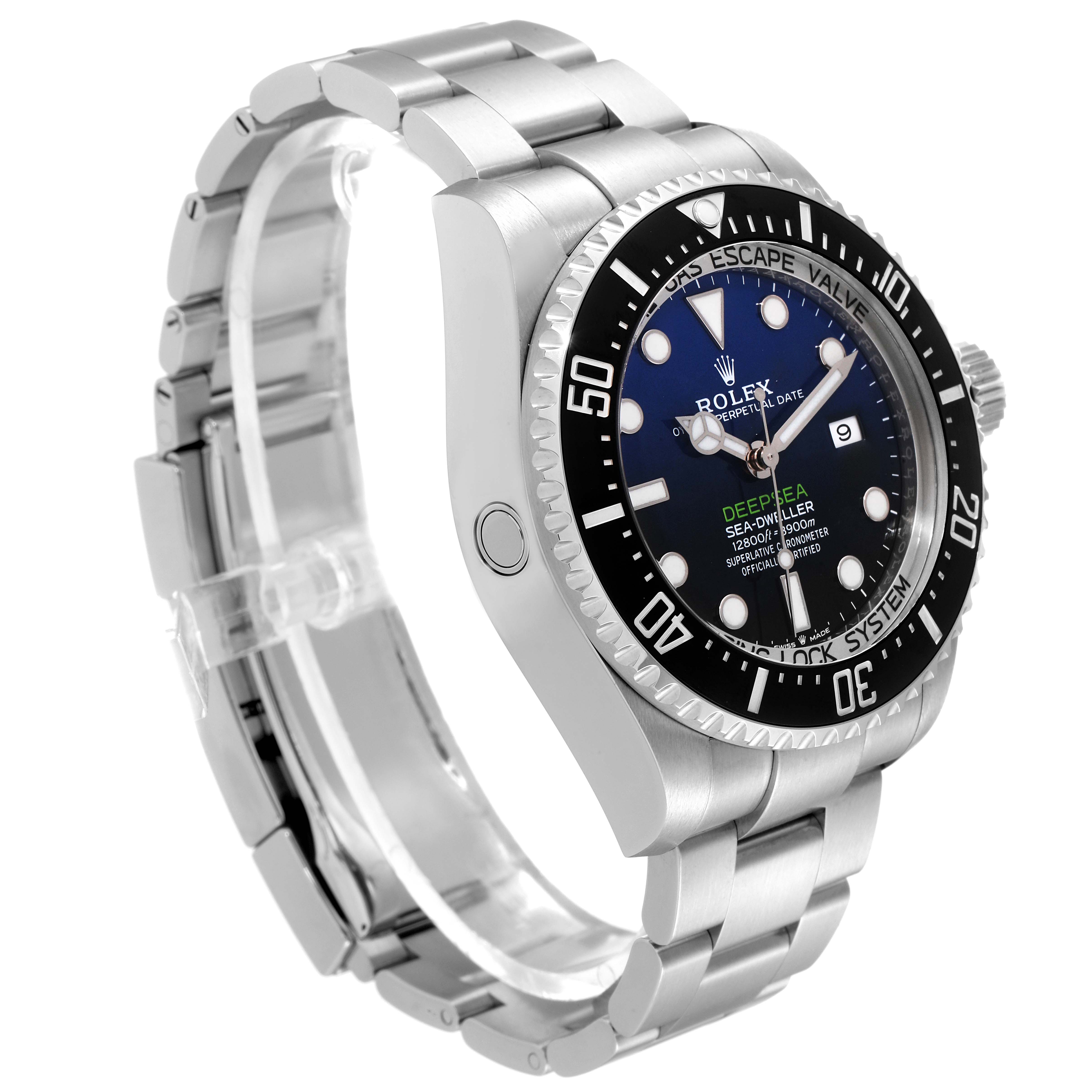 This image shows a side angle of the Rolex Sea-Dweller 126660 Men
s Stainless Steel Blue Dial 126660 Men
s Stainless Steel Blue Dial watch, highlighting the bracelet, case, bezel, and dial.