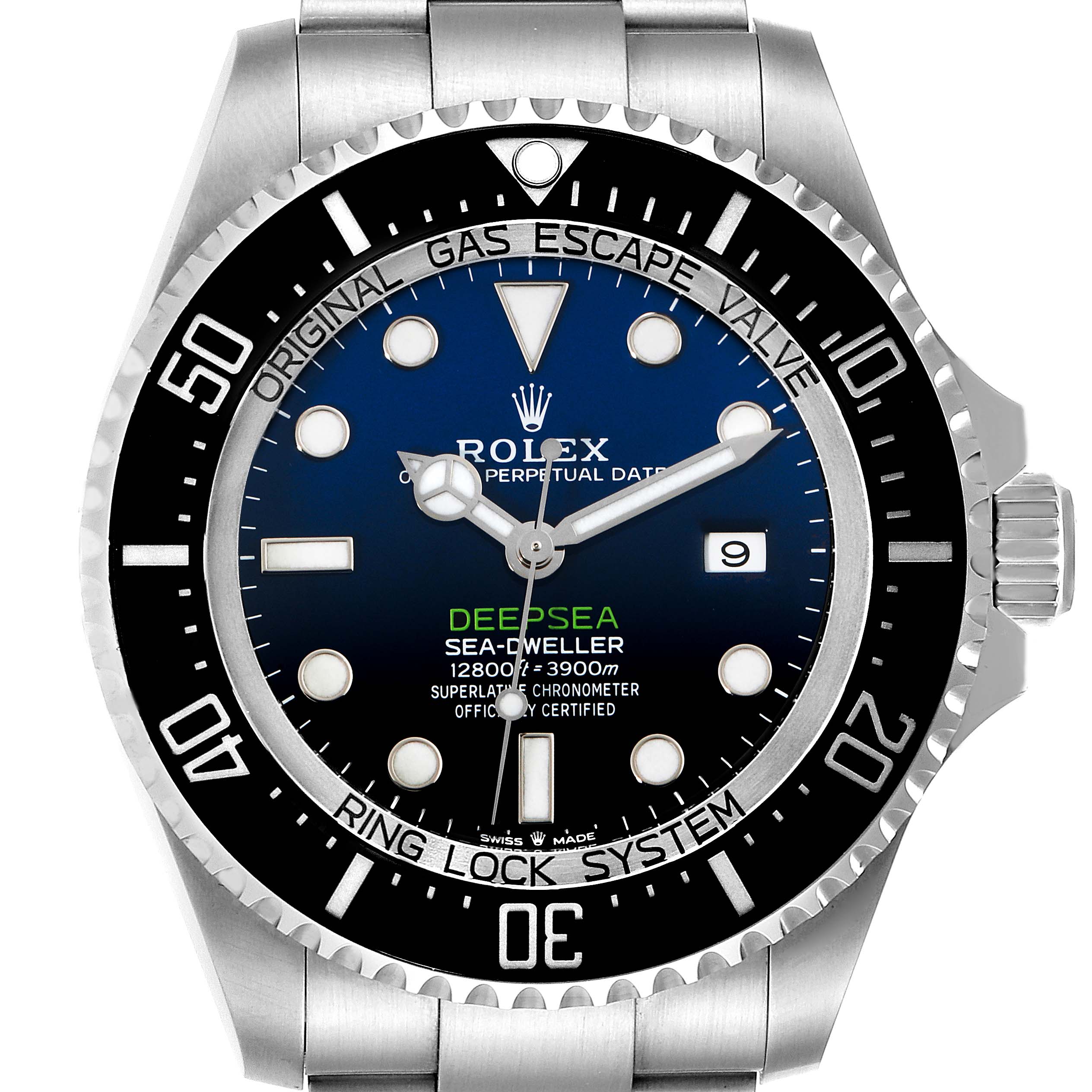 The image shows a front view of the Rolex Sea-Dweller 126660 Men
s Stainless Steel Blue Dial 126660 Men
s Stainless Steel Blue Dial Deepsea watch, highlighting the dial, bezel, and part of the bracelet.