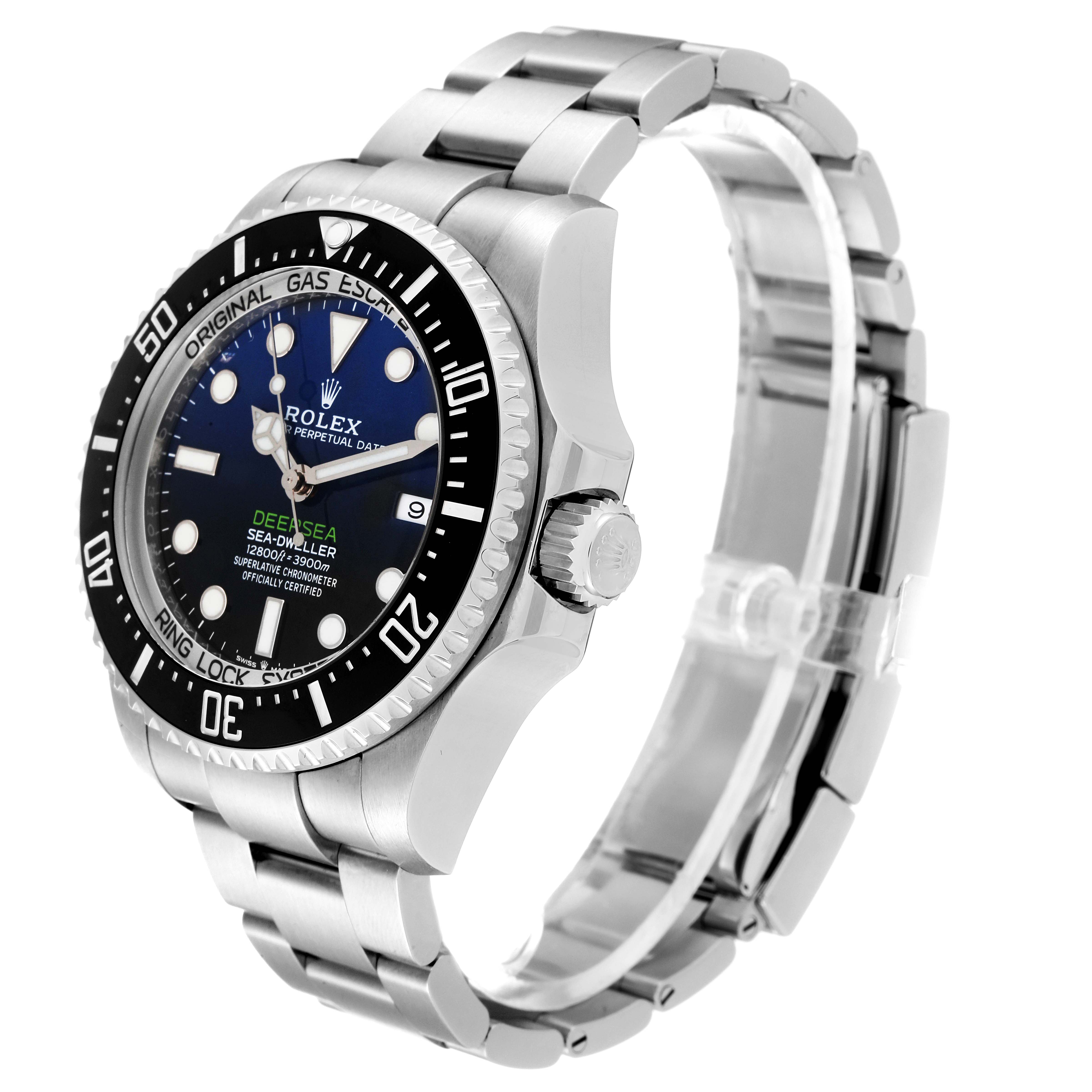 This image shows a side and front angle of the Rolex Sea-Dweller 126660 Men
s Stainless Steel Blue Dial 126660 Men
s Stainless Steel Blue Dial watch, highlighting the face, bezel, crown, and bracelet.