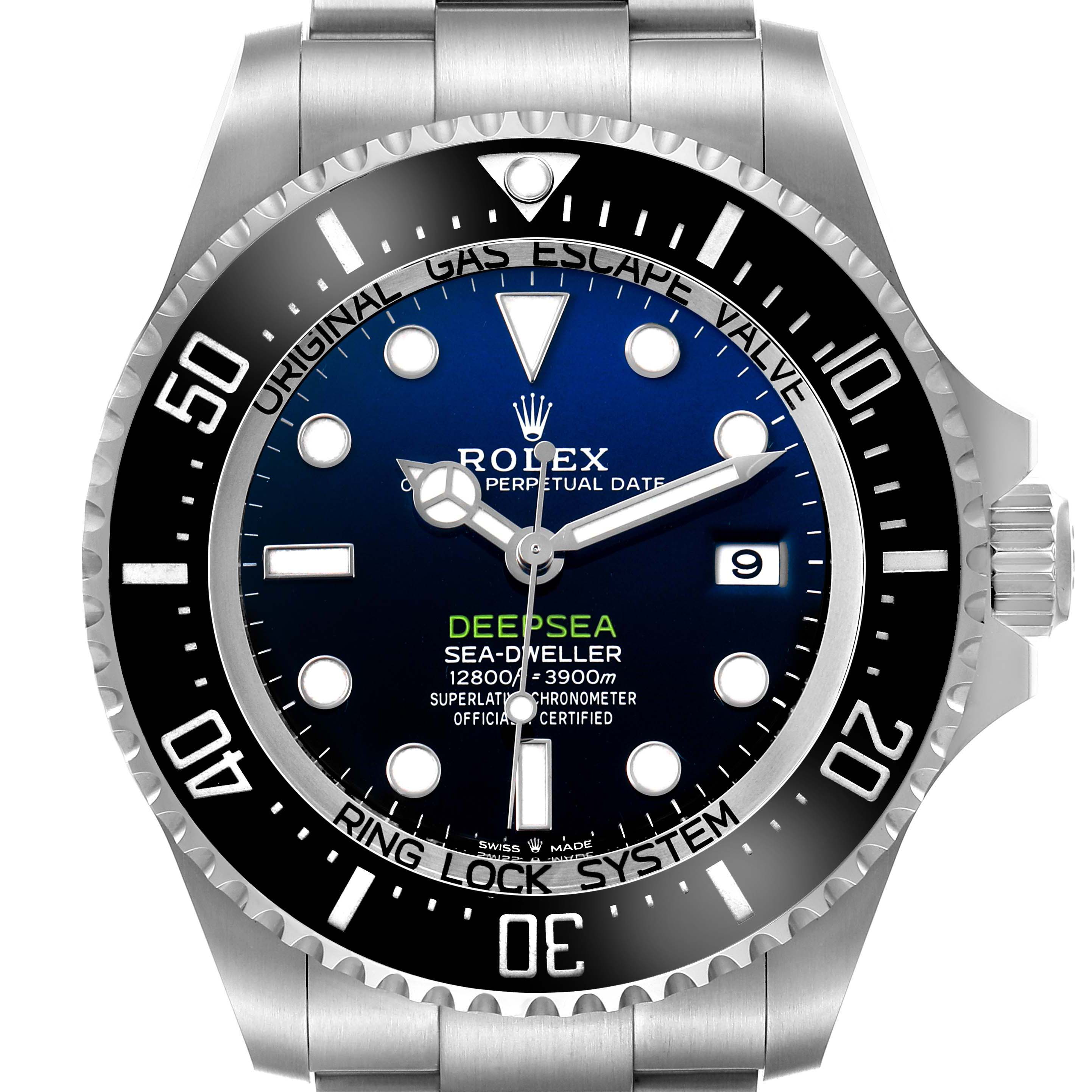 The Rolex Sea-Dweller 126660 Men's Stainless Steel Blue Dial is shown from the front, highlighting the dial, bezel, and part of the bracelet.