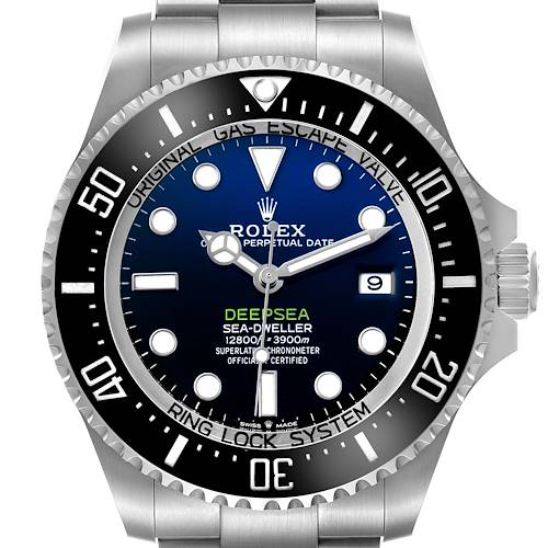 The image shows a frontal view of a Rolex Sea-Dweller 126660 Men's Stainless Steel Blue Dial watch, highlighting the dial, bezel, and crown.