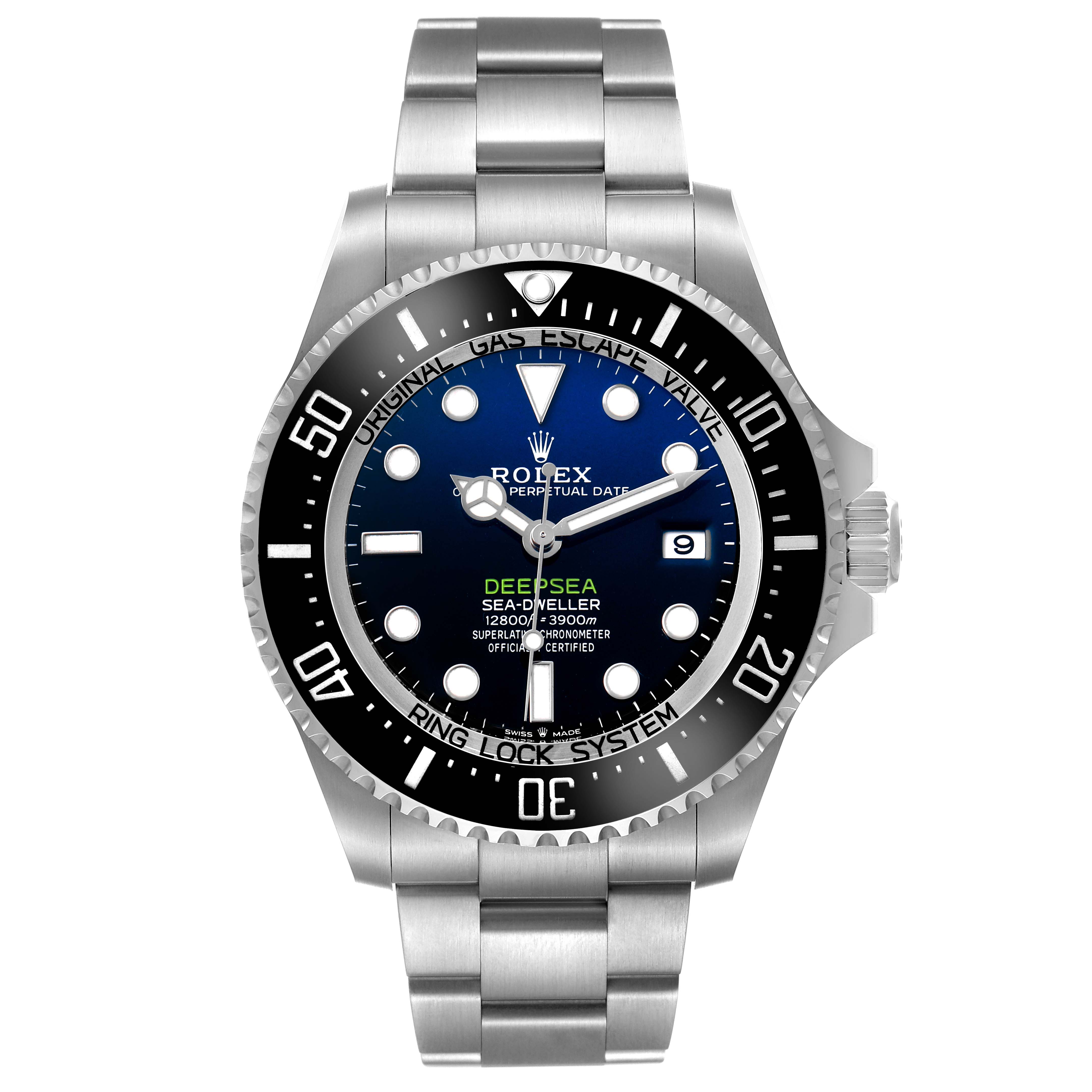 The Rolex Sea-Dweller 126660 Men's Stainless Steel Blue Dial watch is shown from a front angle, highlighting the dial, bezel, and bracelet.