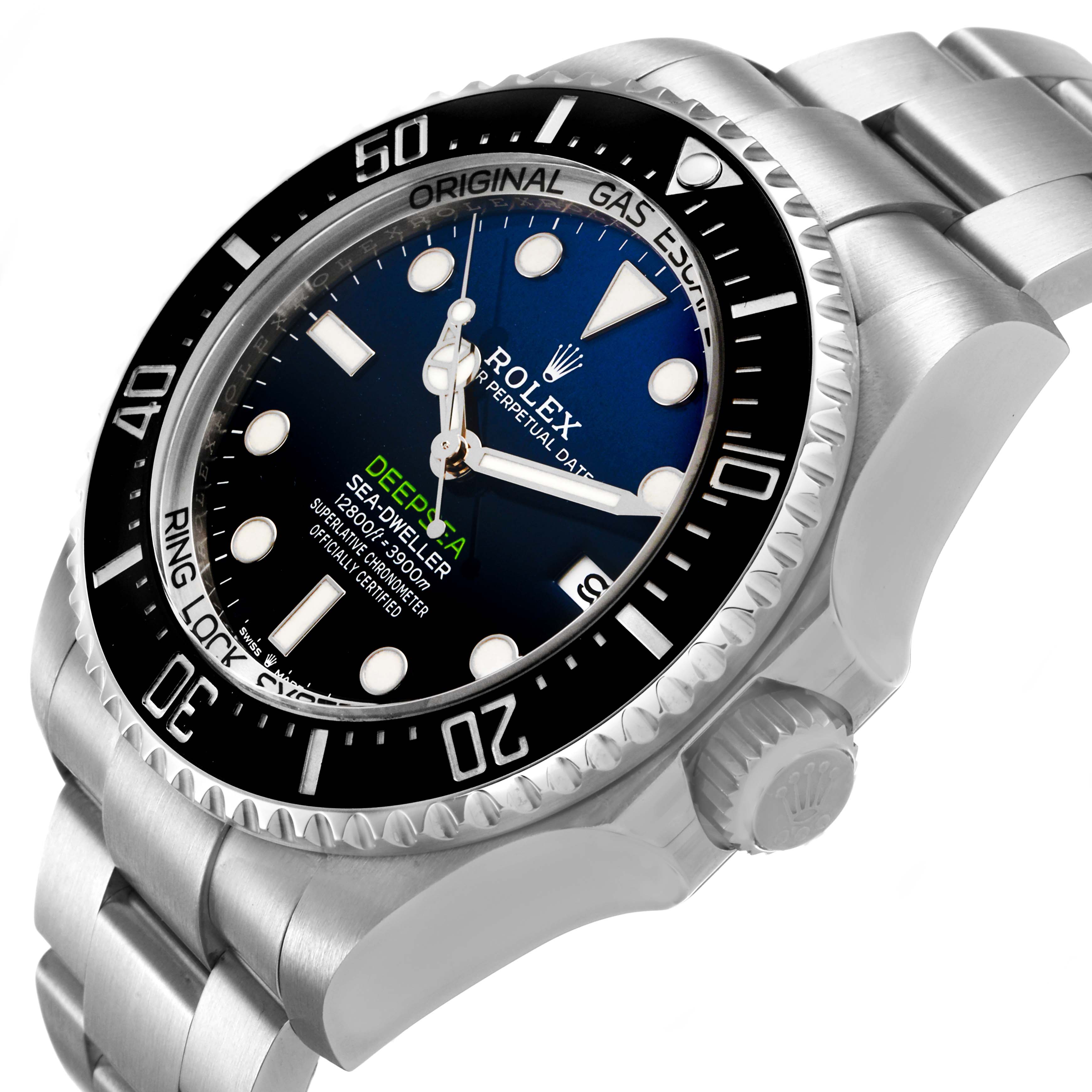 The Rolex Sea-Dweller 126660 Men's Stainless Steel Blue Dial watch is shown at an angle highlighting the face, bezel, and part of the bracelet.