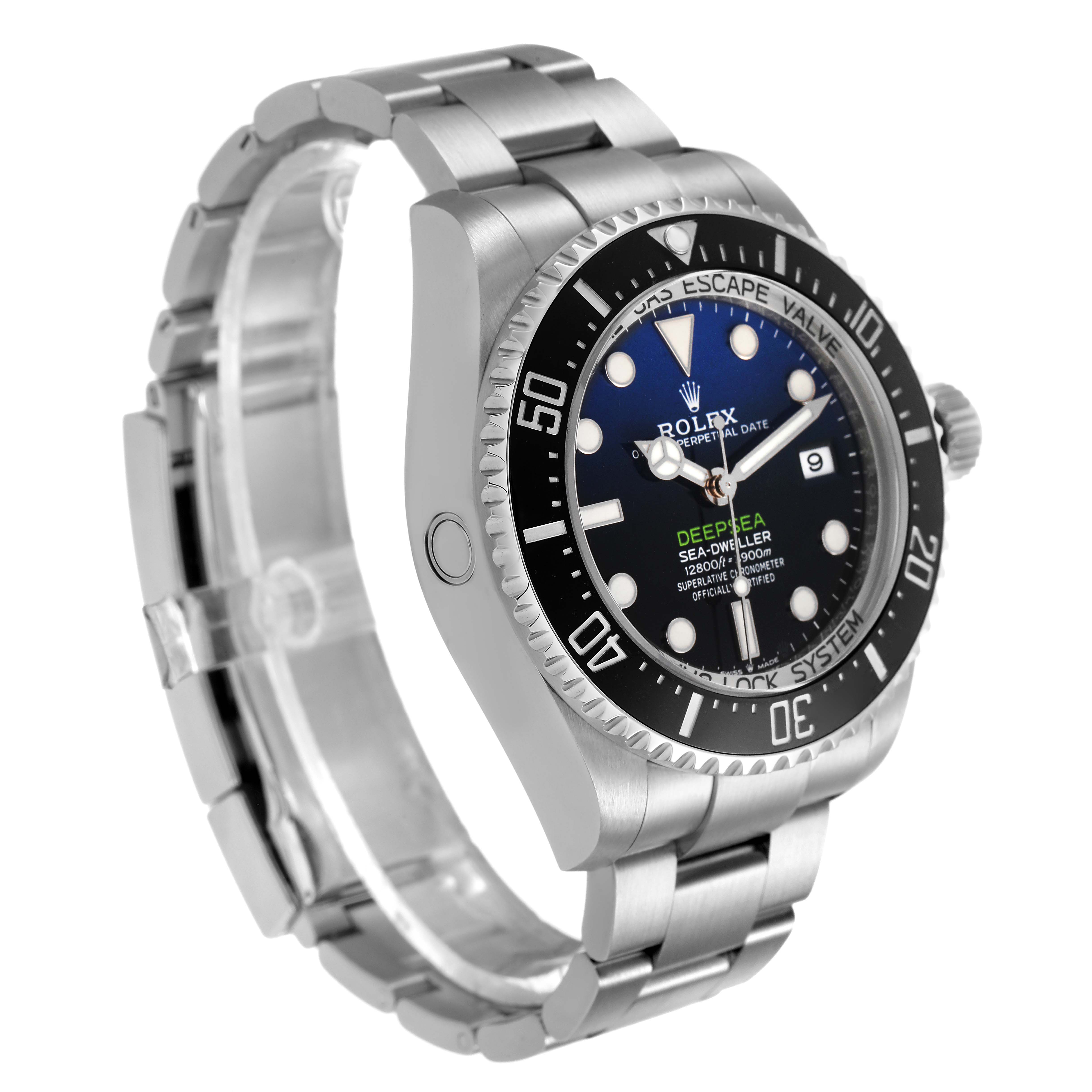 The Rolex Sea-Dweller 126660 Men's Stainless Steel Blue Dial watch is shown at a three-quarter angle, displaying the face, bezel, case, bracelet, and crown.