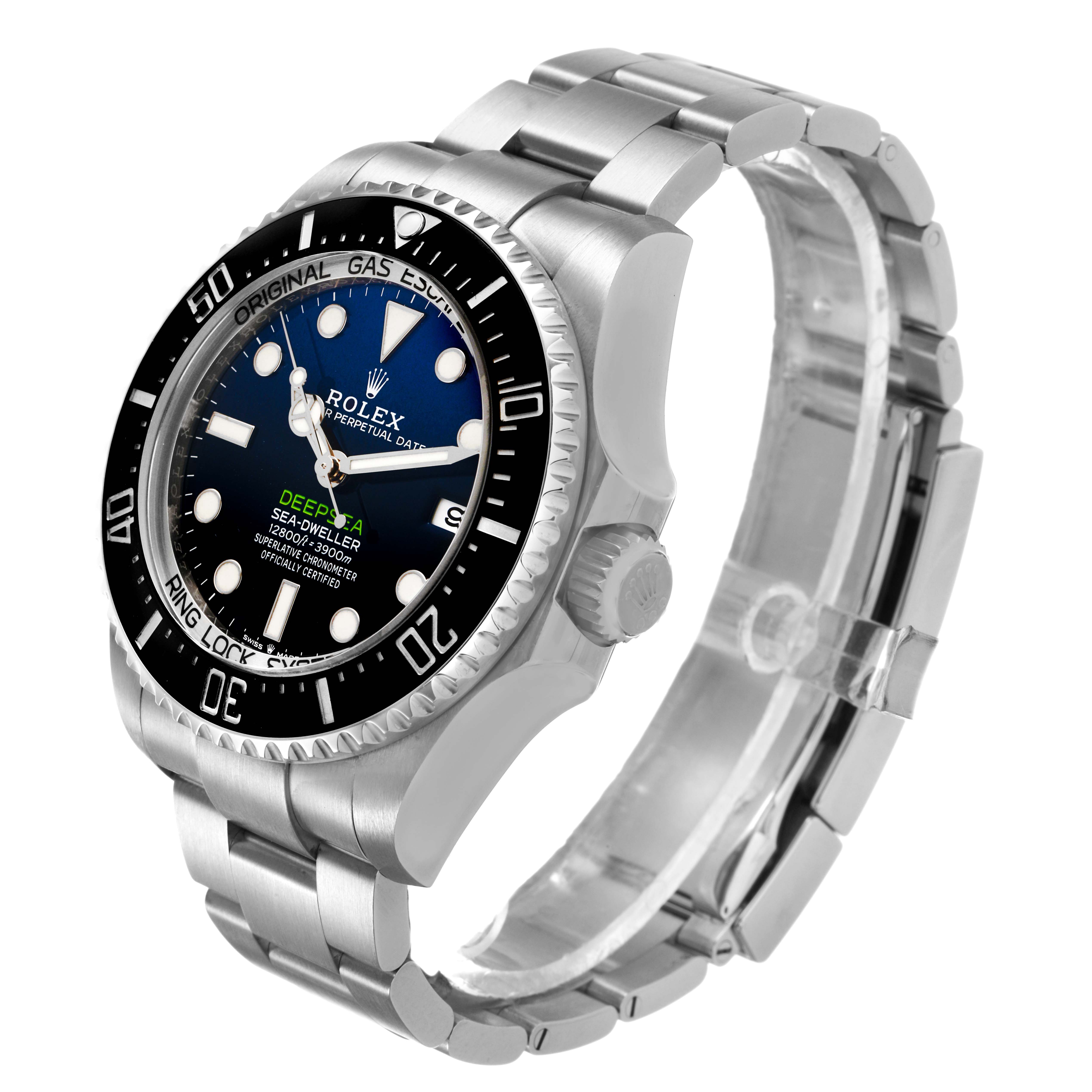 The Rolex Sea-Dweller 126660 Men's Stainless Steel Blue Dial watch is shown at a three-quarter angle, highlighting the dial, bezel, crown, and bracelet.