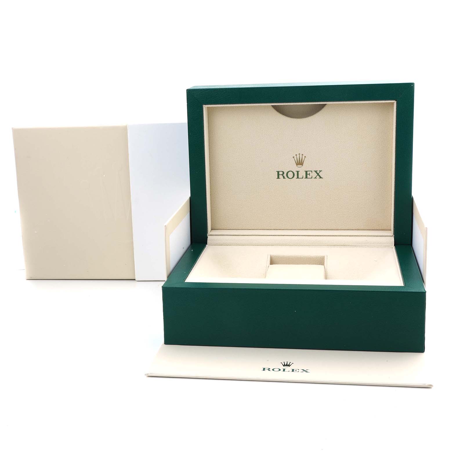 The image shows the open box and outer packaging for the Rolex Sea-Dweller 126660 Men's Stainless Steel Blue Dial watch, highlighting the green and beige interior.