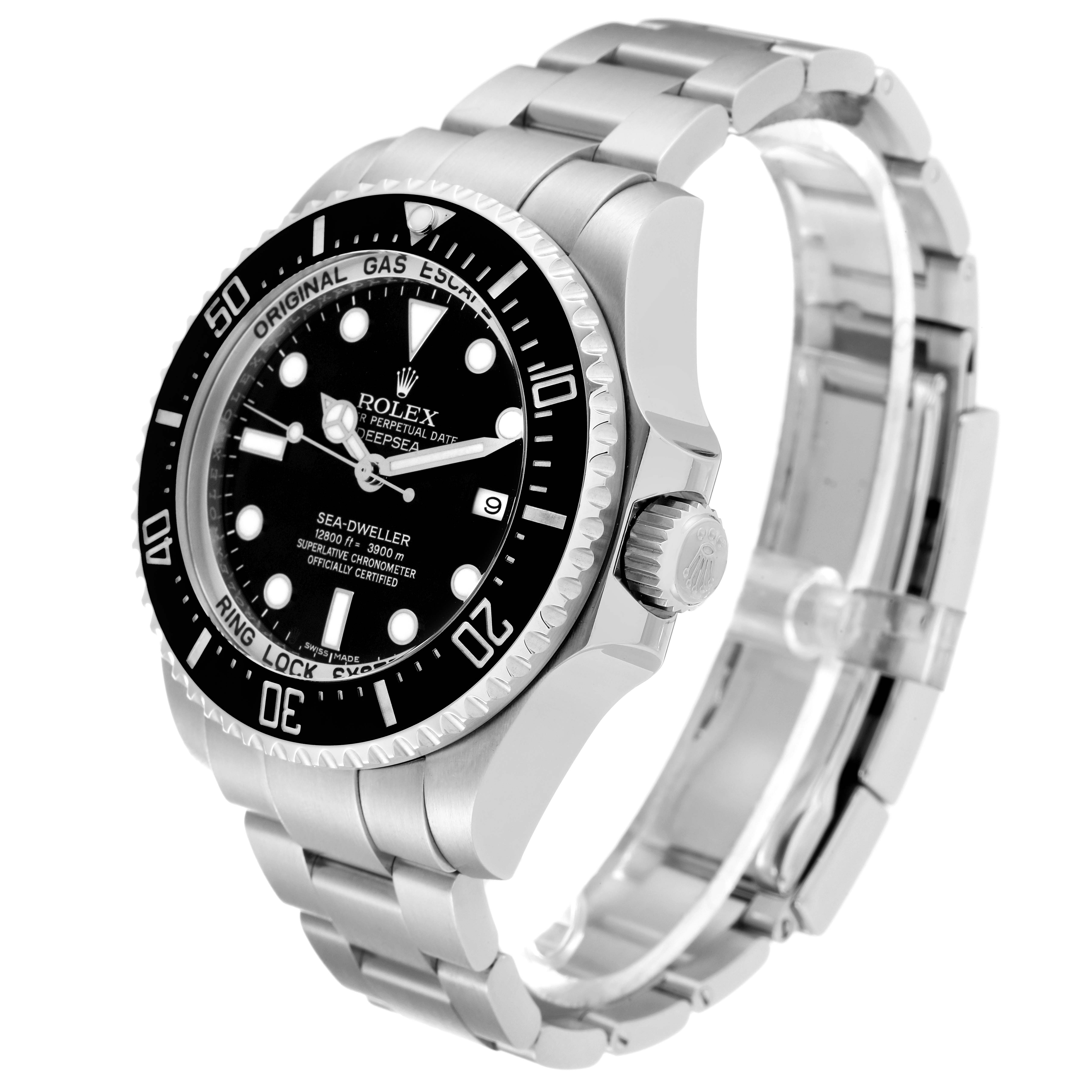 This Rolex Sea-Dweller 116660 Men's Stainless Steel Black Dial 116660 Men's Stainless Steel Black Dial watch is shown at an angle displaying the face, crown, and stainless steel bracelet.