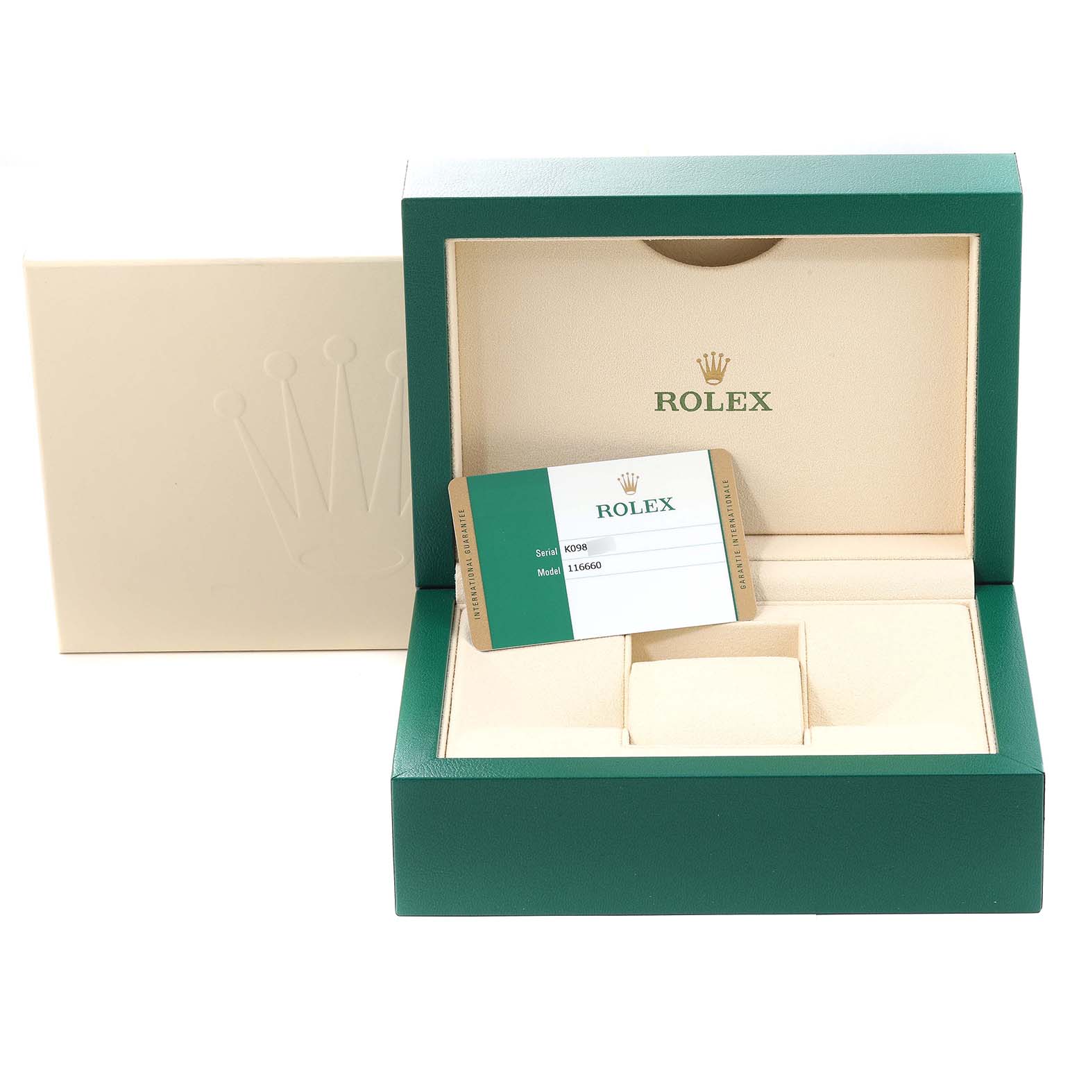 The image shows the open packaging and warranty card of a Rolex Sea-Dweller 116660 Men's Stainless Steel Black Dial 116660 Men's Stainless Steel Black Dial watch.