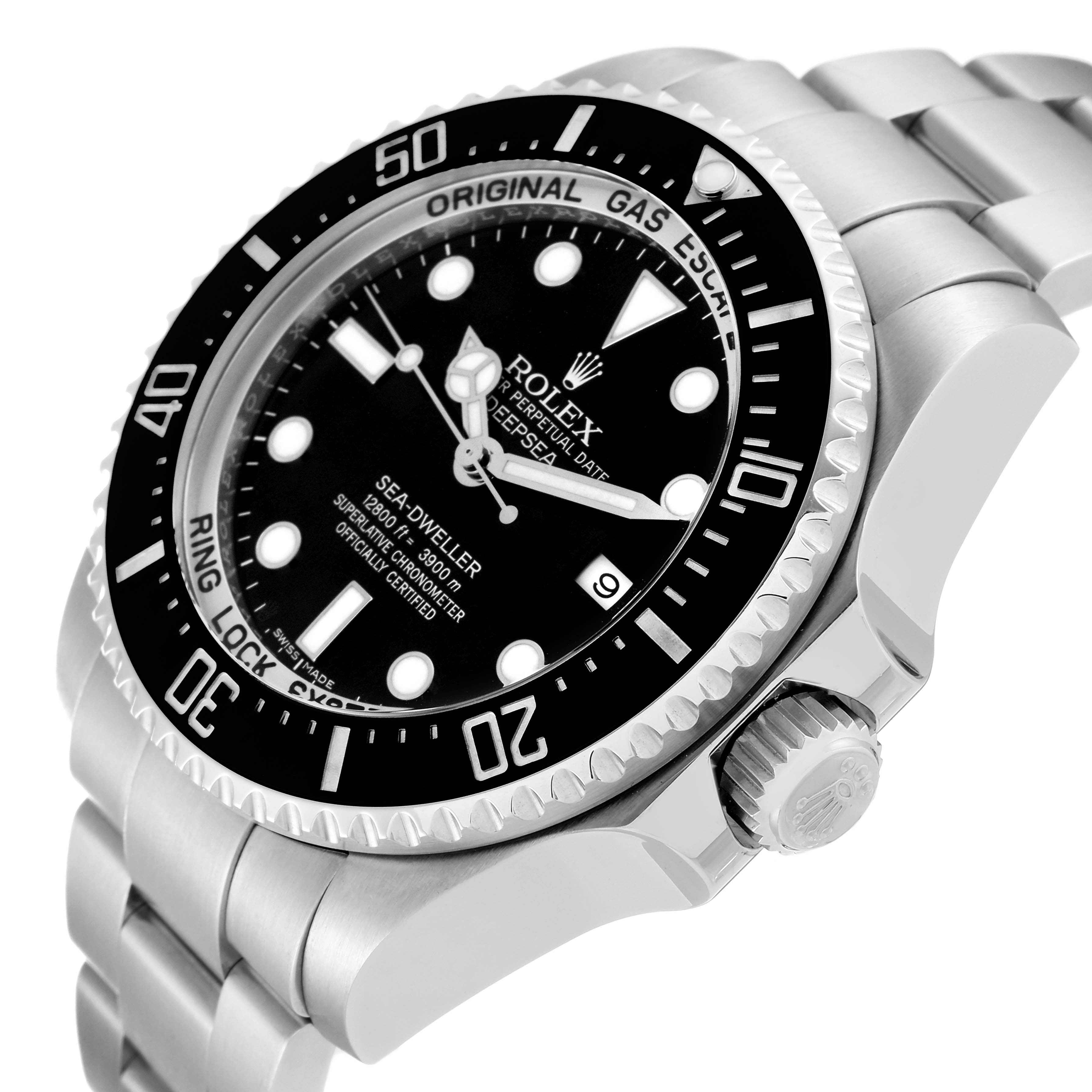This image displays a Rolex Sea-Dweller 116660 Men's Stainless Steel Black Dial 116660 Men's Stainless Steel Black Dial watch at an angle showing its face, bezel, crown, and part of the bracelet.