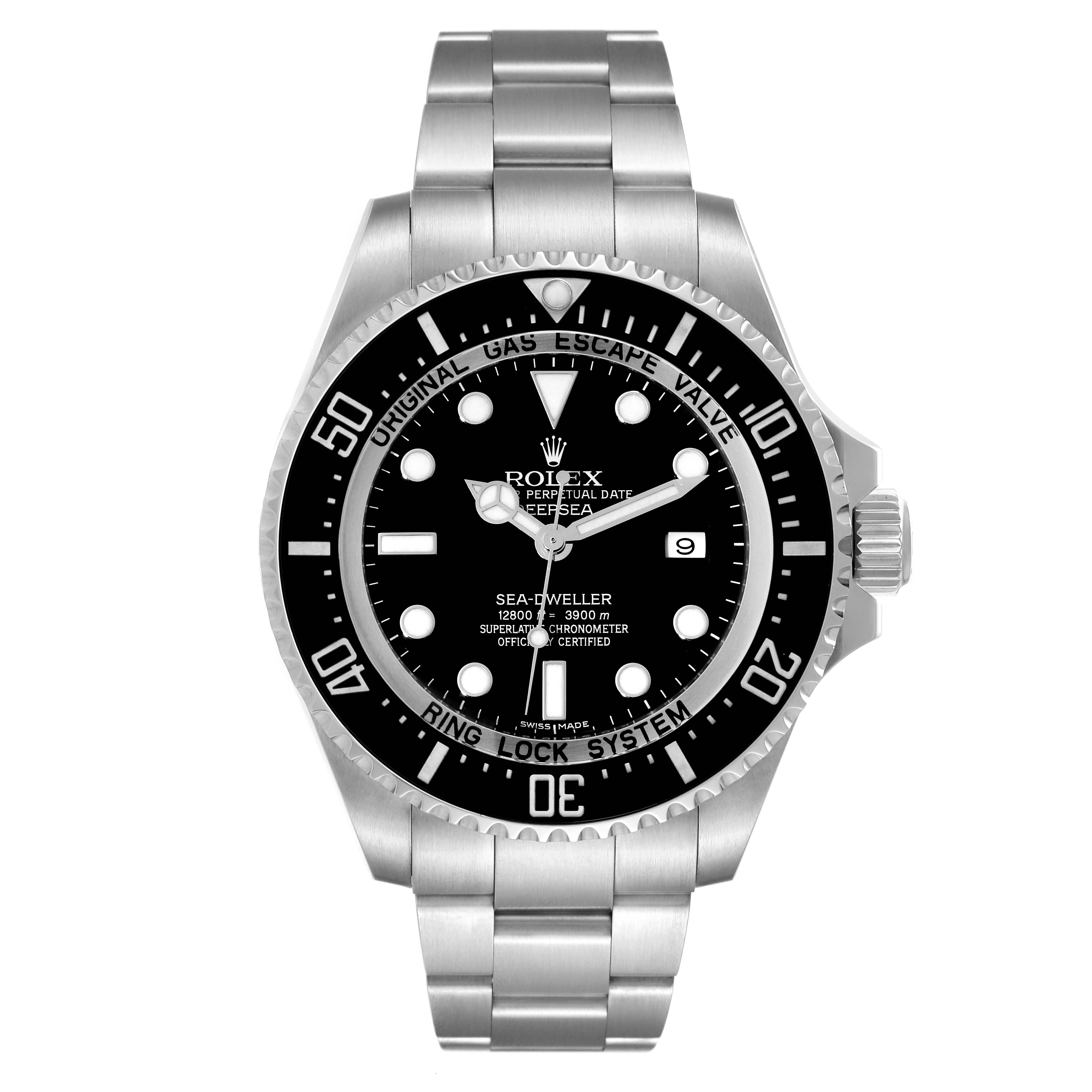 The image shows a front view of the Rolex Sea-Dweller 116660 Men's Stainless Steel Black Dial 116660 Men's Stainless Steel Black Dial watch, displaying its dial, bezel, and bracelet.