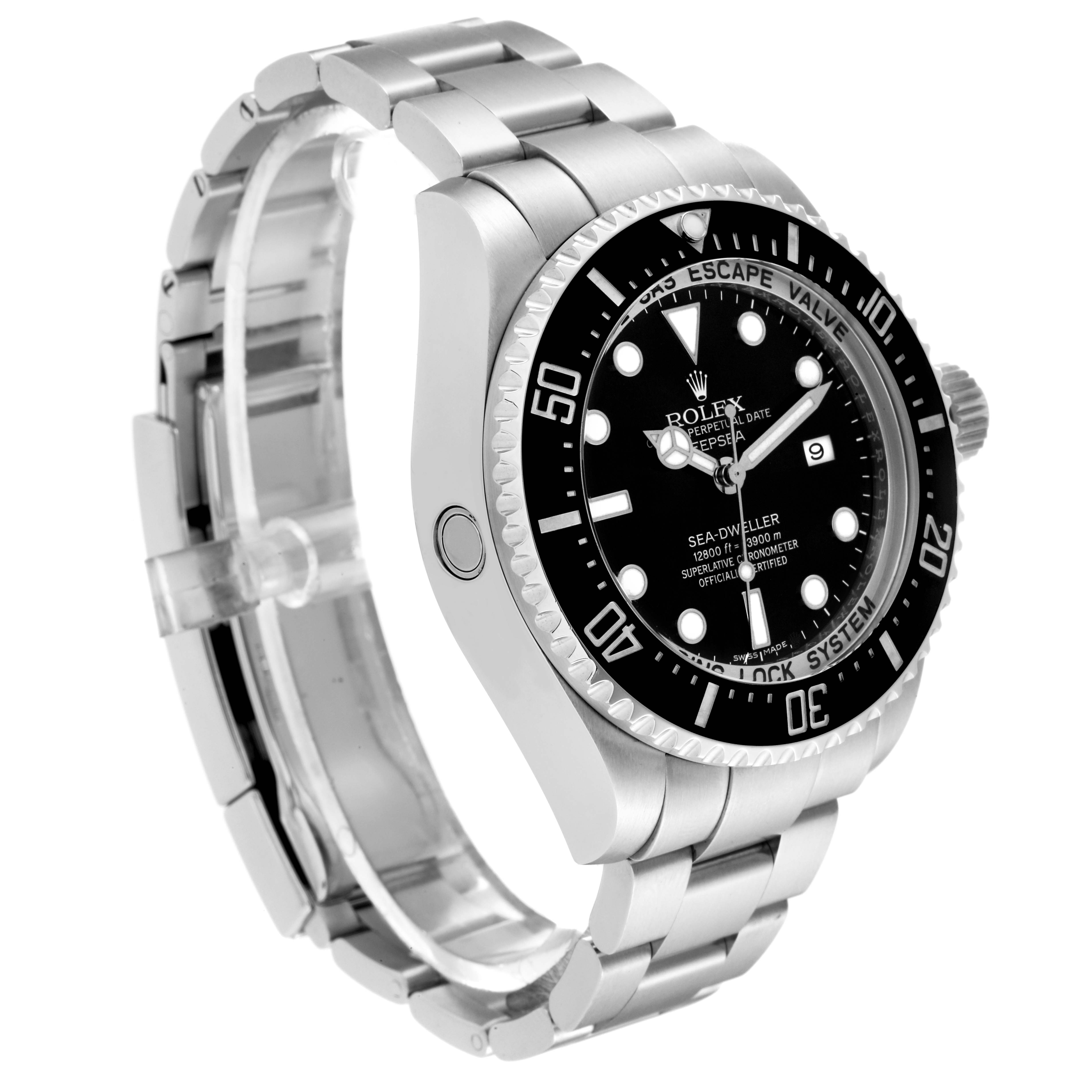 The image shows a Rolex Sea-Dweller 116660 Men's Stainless Steel Black Dial 116660 Men's Stainless Steel Black Dial watch at a three-quarter angle, highlighting the dial, bezel, and part of the bracelet.
