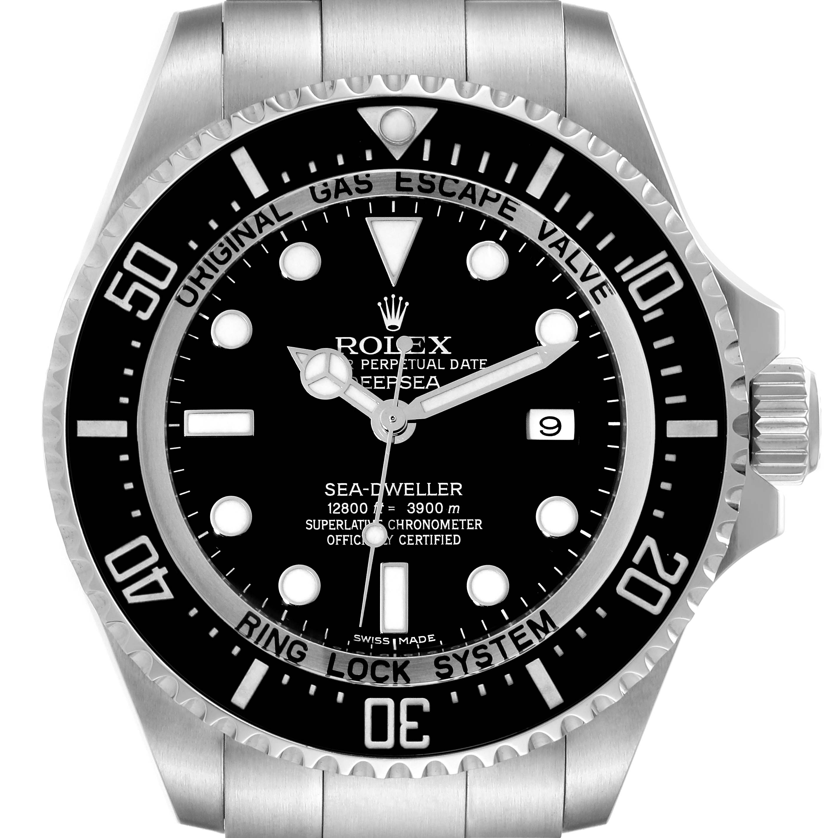 The image shows a front view of the Rolex Sea-Dweller 116660 Men's Stainless Steel Black Dial 116660 Men's Stainless Steel Black Dial watch, highlighting the face, bezel, and part of the bracelet.