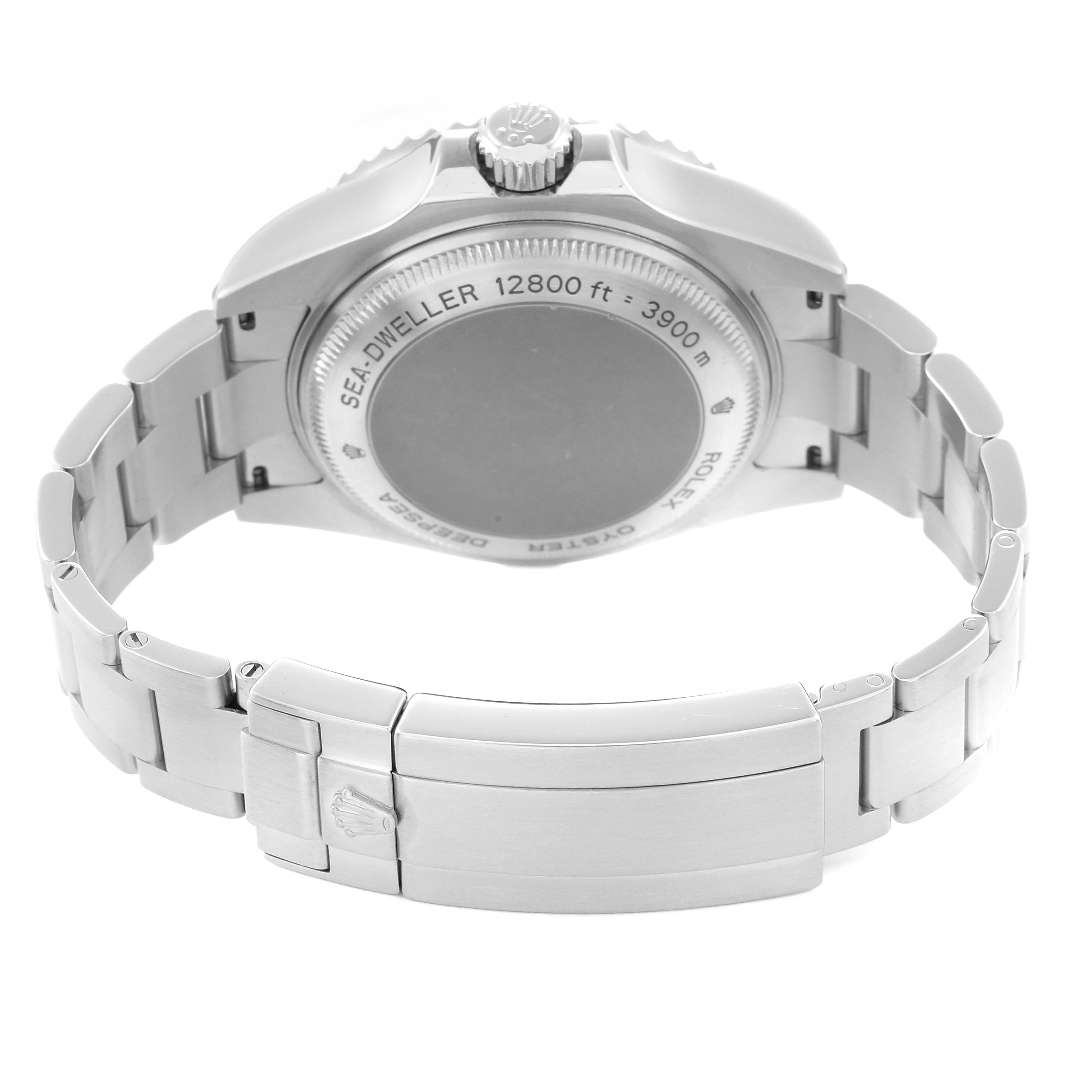 The Rolex Sea-Dweller 116660 Men
s Stainless Steel Black Dial 116660 Men
s Stainless Steel Black Dial is shown from the back, highlighting the case back, bracelet, and clasp.