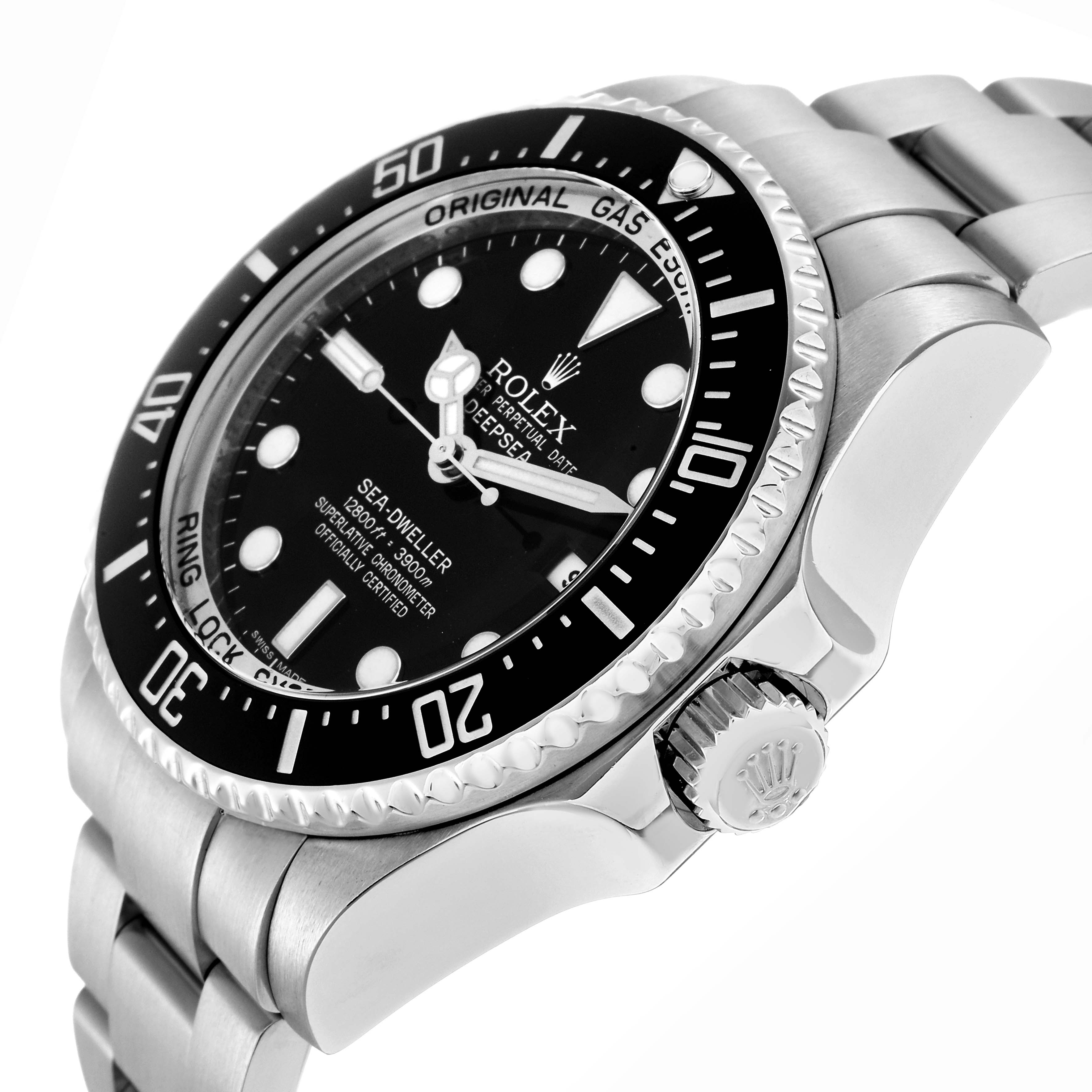 The Rolex Sea-Dweller 116660 Men
s Stainless Steel Black Dial 116660 Men
s Stainless Steel Black Dial watch is shown at an angled view, highlighting the bezel, crown, and part of the bracelet.