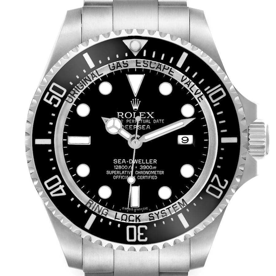 The Rolex Sea-Dweller is shown from the front, highlighting its dial, bezel, and crown.