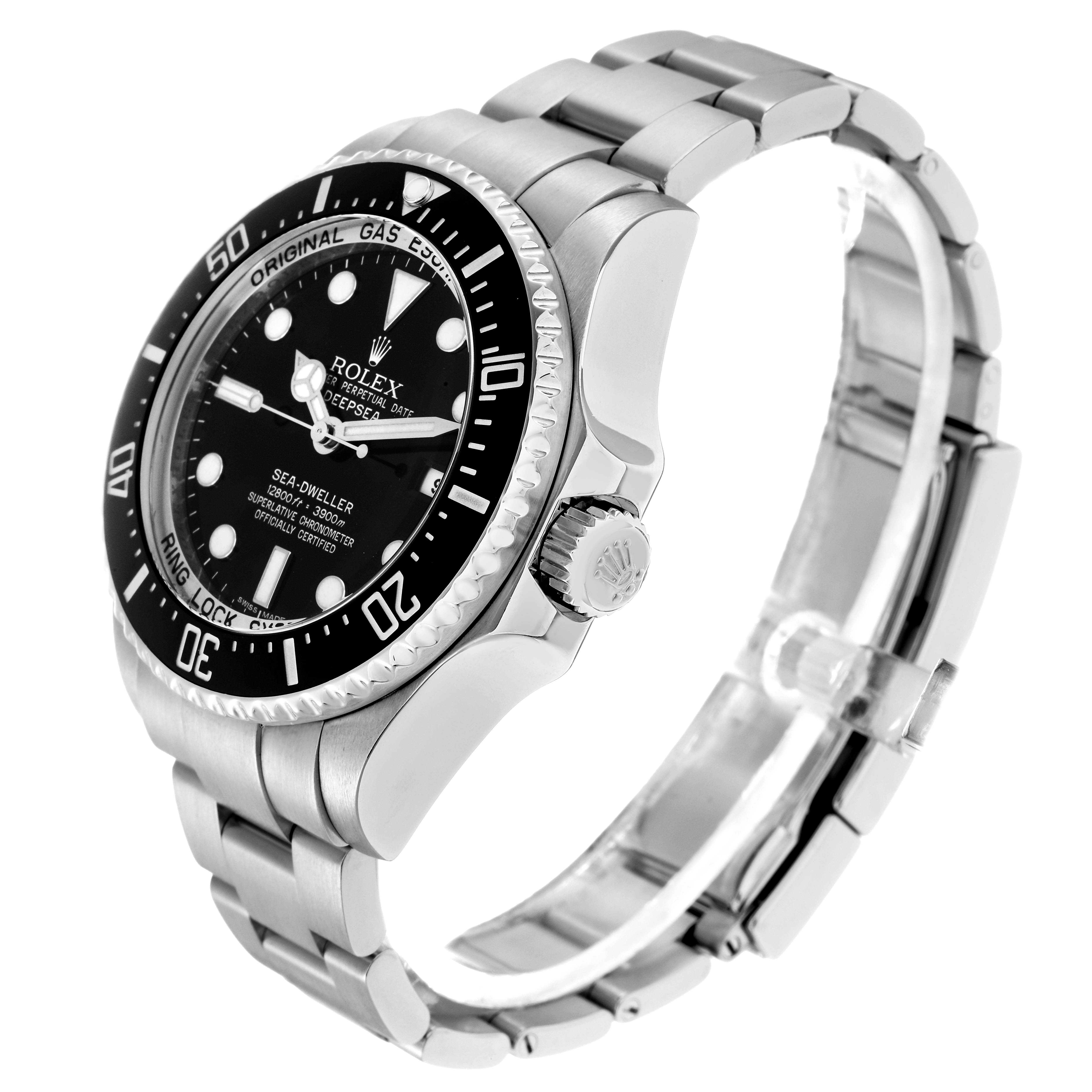The Rolex Sea-Dweller 116660 Men
s Stainless Steel Black Dial 116660 Men
s Stainless Steel Black Dial watch is shown at an angle highlighting the bezel, crown, and stainless steel bracelet.