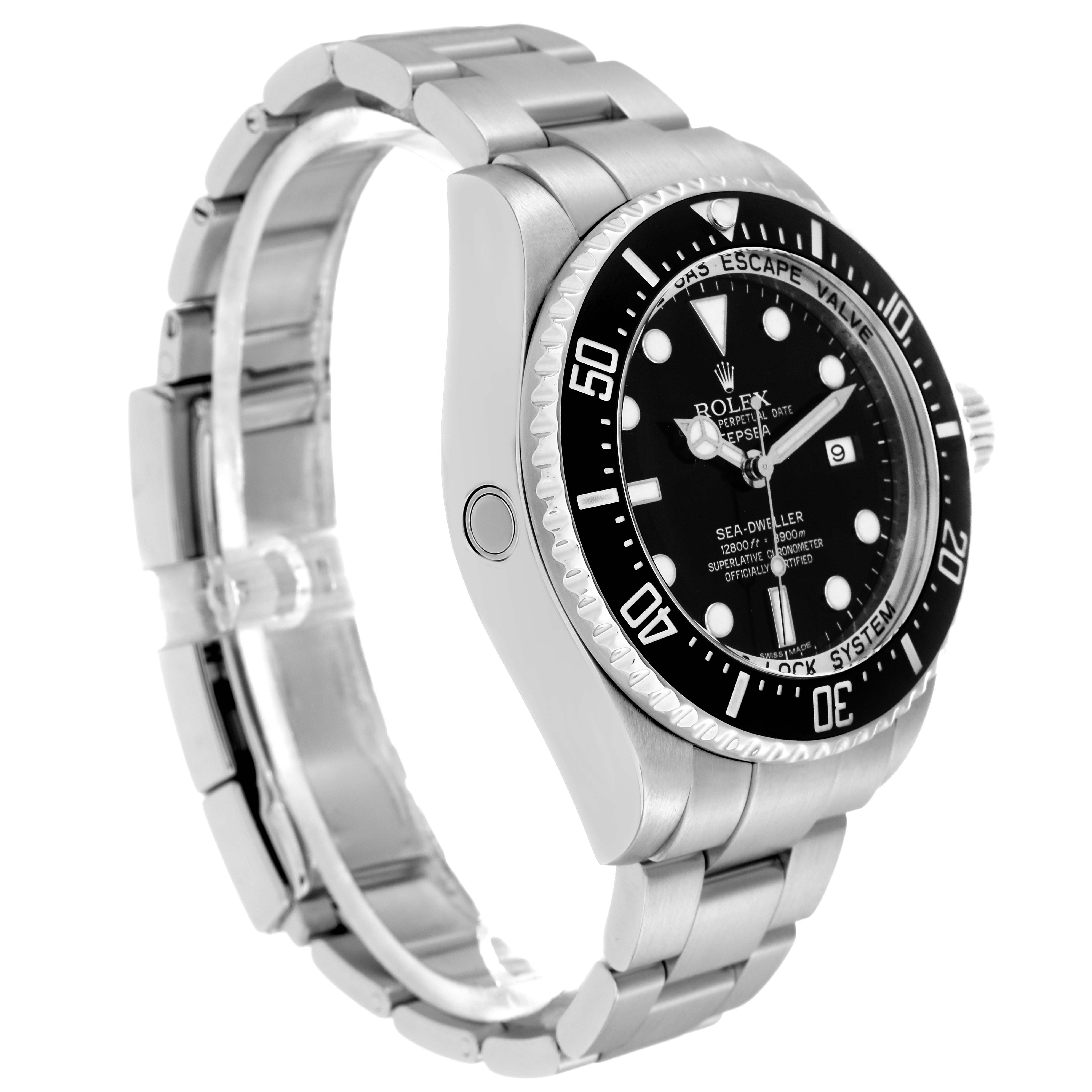 The Rolex Sea-Dweller 116660 Men
s Stainless Steel Black Dial 116660 Men
s Stainless Steel Black Dial watch is shown at a side angle, displaying the face, bezel, crown, and part of the bracelet.