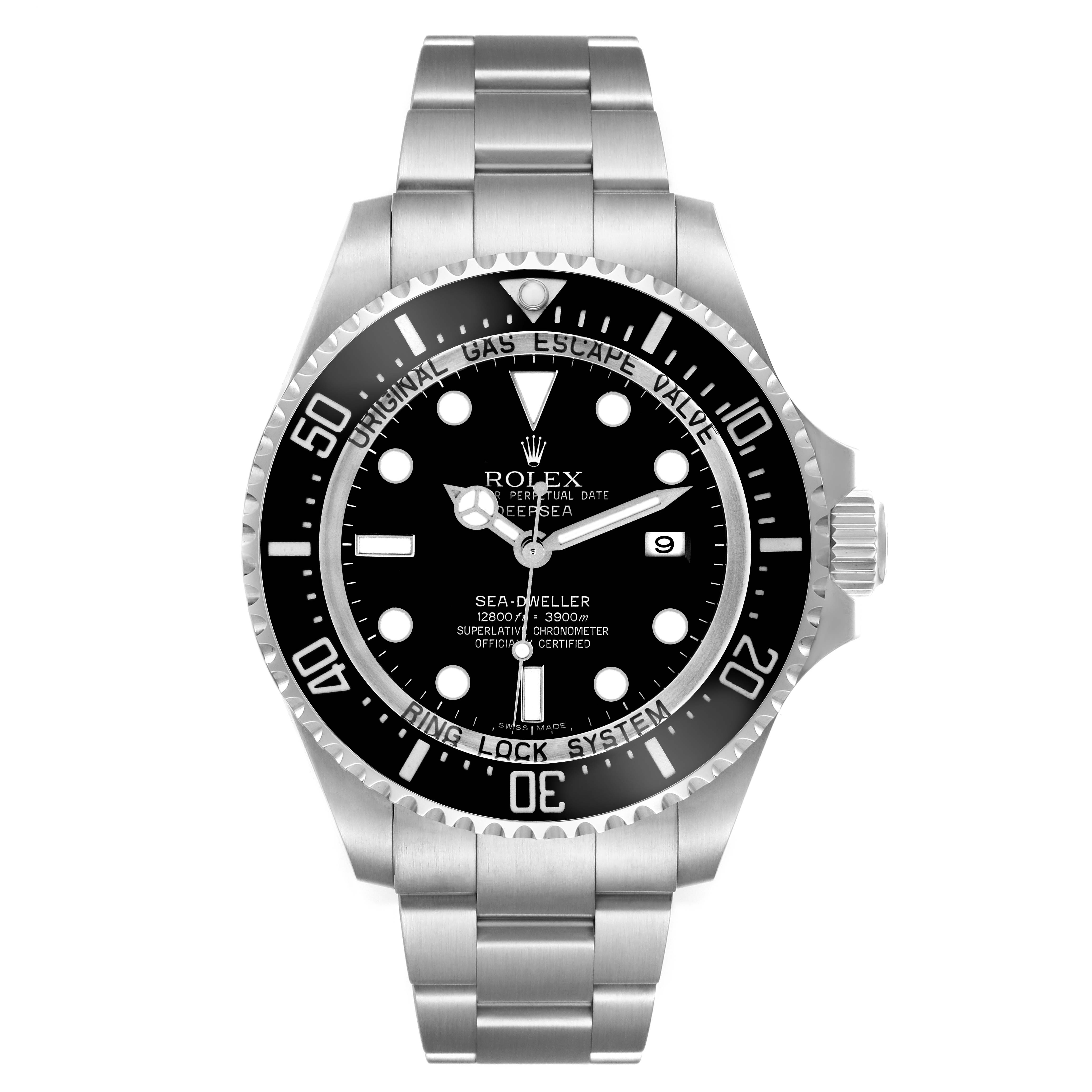 The image shows a front view of the Rolex Sea-Dweller 116660 Men
s Stainless Steel Black Dial 116660 Men
s Stainless Steel Black Dial watch, highlighting the dial, bezel, and bracelet.
