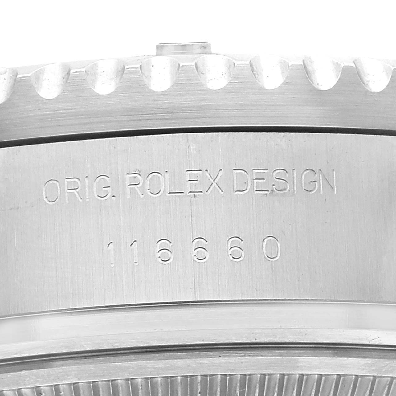 The image shows a close-up of the Rolex Sea-Dweller 116660 Men
s Stainless Steel Black Dial 116660 Men
s Stainless Steel Black Dial
s case side with model number "116660" engraved.