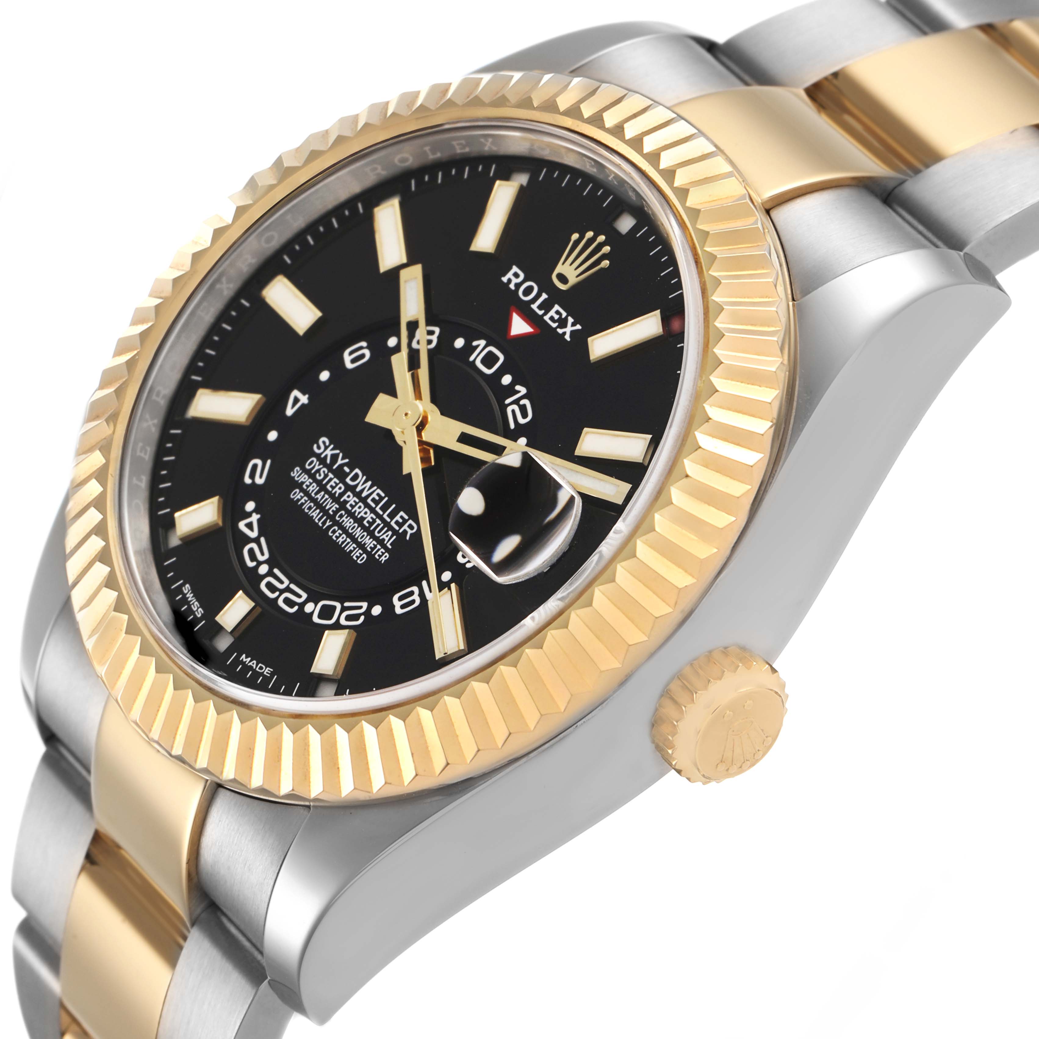The Rolex Sky-Dweller 326933 Men's Steel and Gold (two tone) Black Dial watch is shown from a side angle, highlighting the bezel, dial, and part of the bracelet.