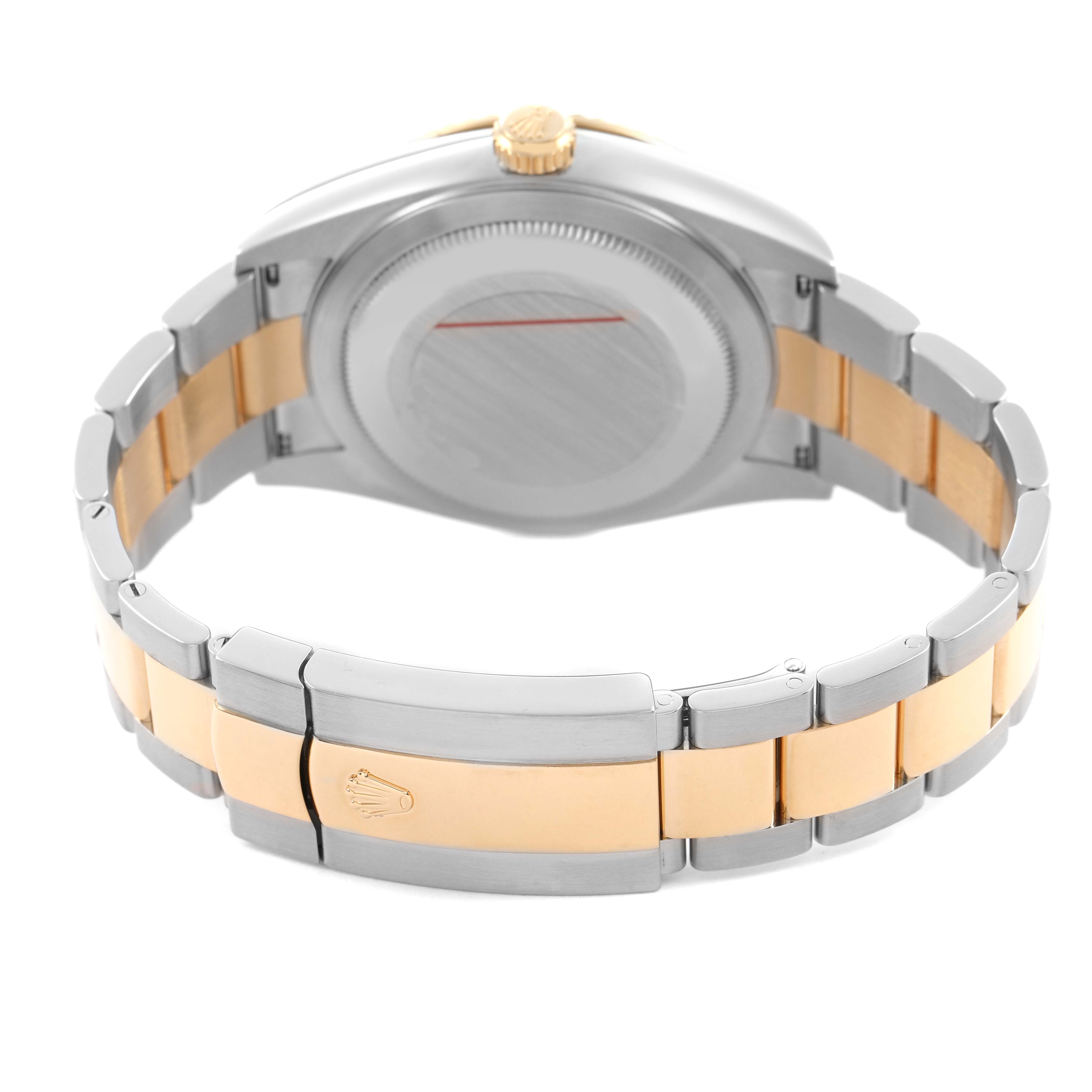 The image shows the back and side view of the Rolex Sky-Dweller 326933 Men's Steel and Gold (two tone) Black Dial, highlighting the case, crown, and two-tone bracelet with clasp.