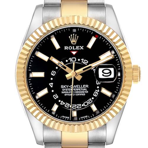 The Rolex Sky-Dweller 326933 Men's Steel and Gold (two tone) Black Dial watch is shown from a front angle, highlighting the dial, bezel, date window, and part of the bracelet.