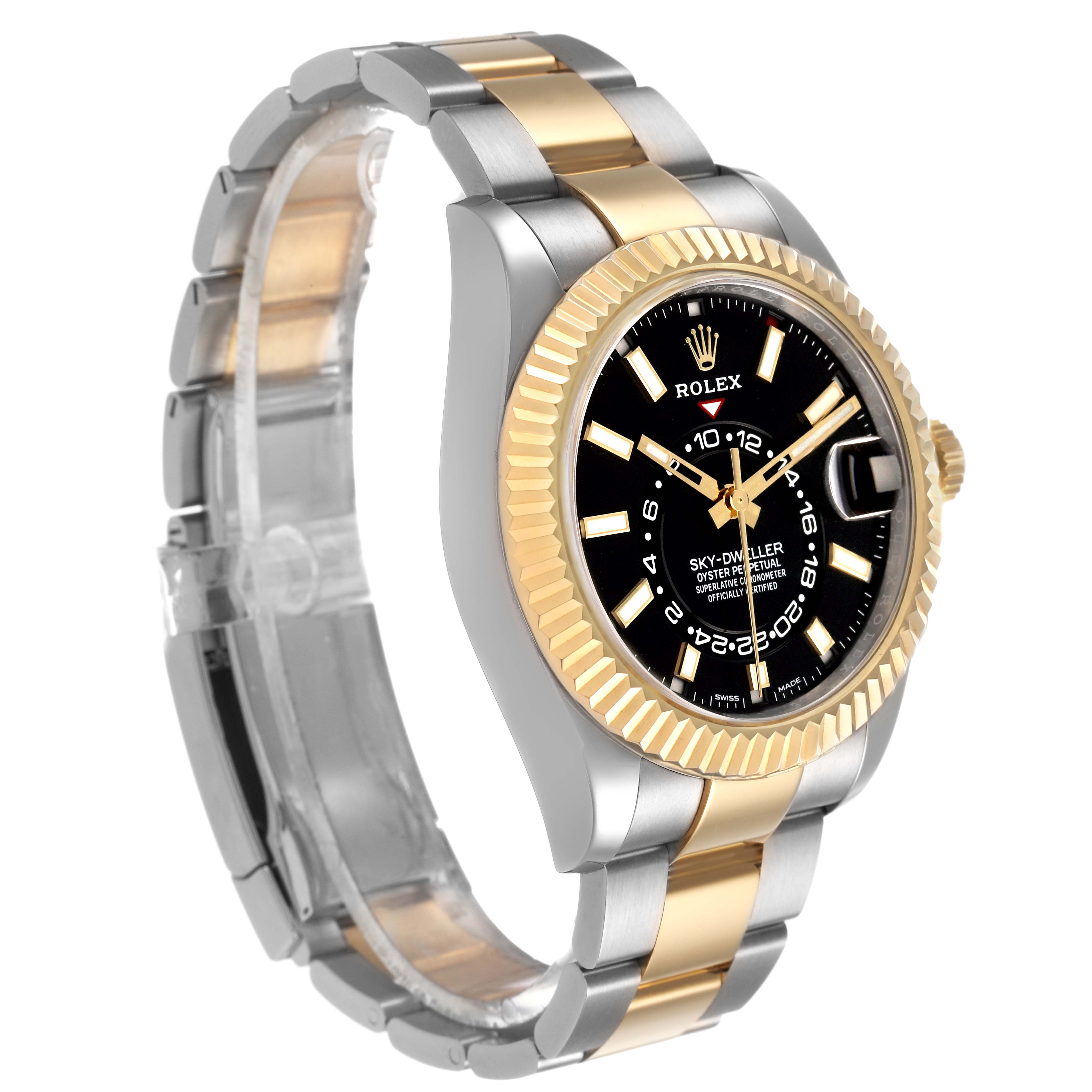 The Rolex Sky-Dweller 326933 Men's Steel and Gold (two tone) Black Dial watch is shown at an angle highlighting the gold and silver bracelet, fluted bezel, and black dial.