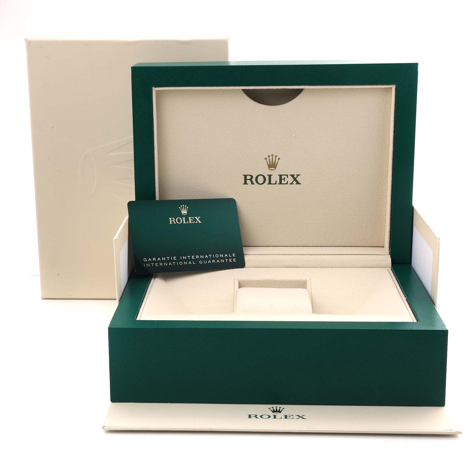 The image shows the packaging for a Rolex Sky-Dweller 326933 Men's Steel and Gold (two tone) Black Dial, including the inner and outer box, with a warranty card visible.