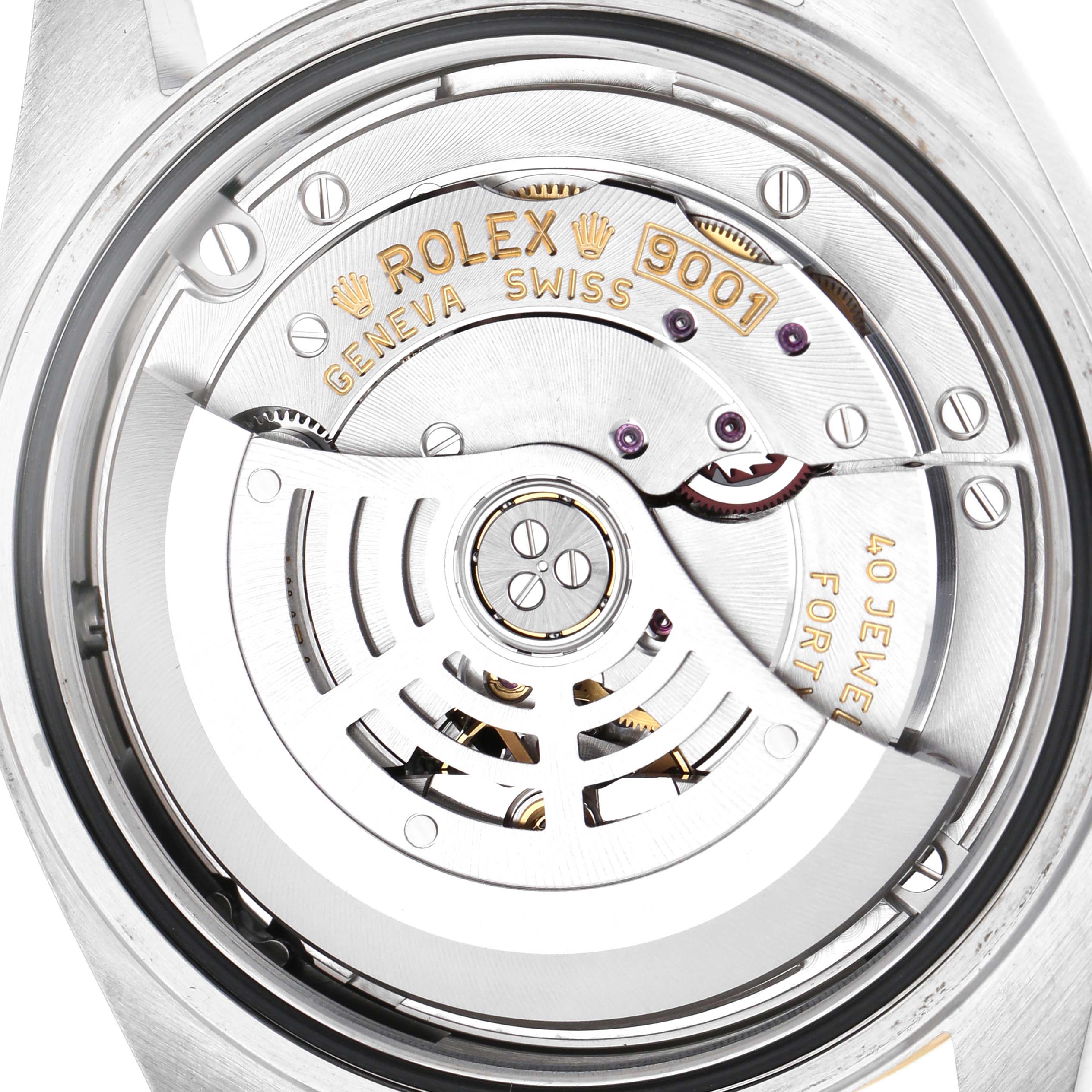 The image shows the movement of a Rolex Sky-Dweller 326933 Men's Steel and Gold (two tone) Black Dial watch, featuring its intricate rotor and mechanical components from a top-down angle.