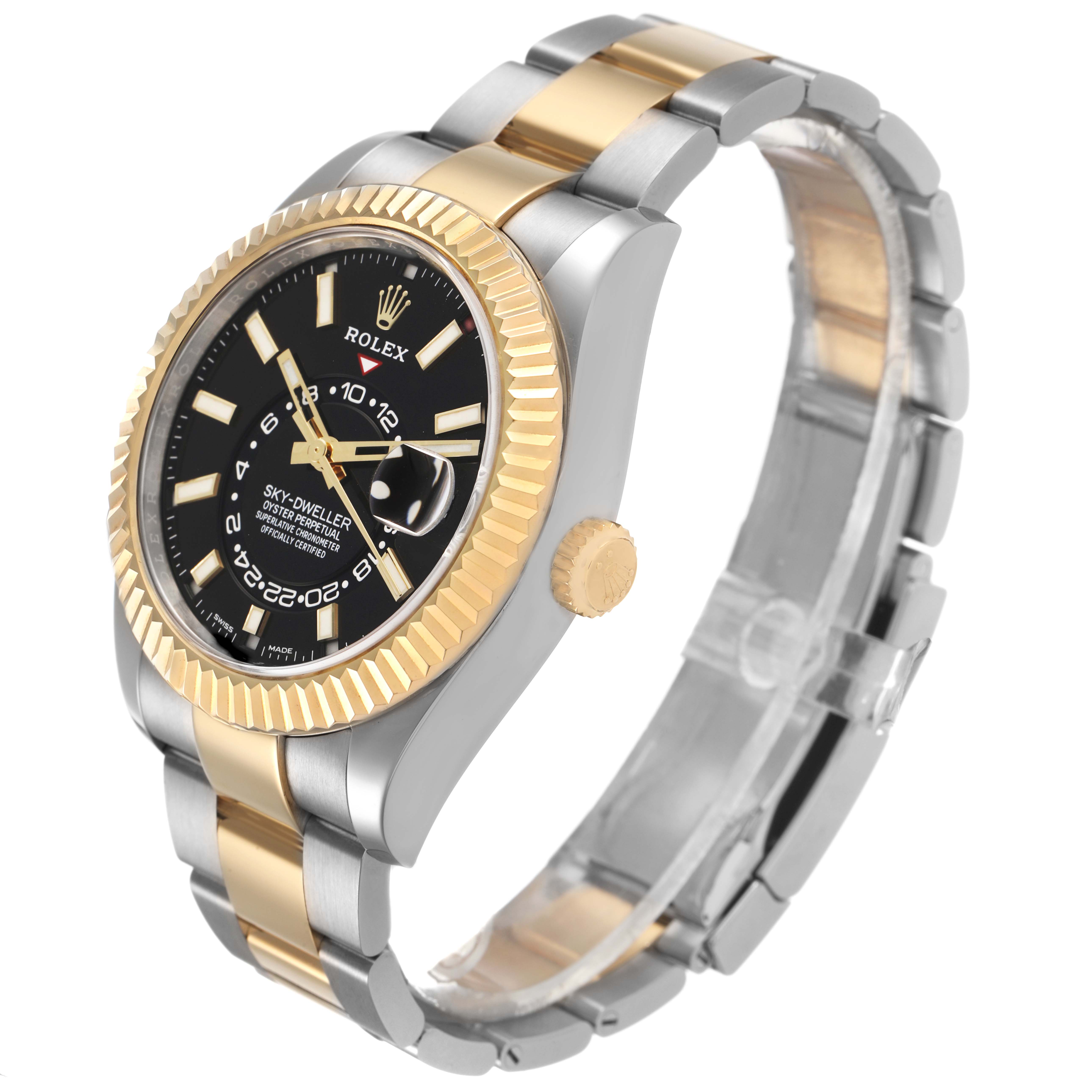 The Rolex Sky-Dweller 326933 Men's Steel and Gold (two tone) Black Dial watch is shown at a slight angle, highlighting the bezel, dial, case, and bracelet with a focus on the crown.