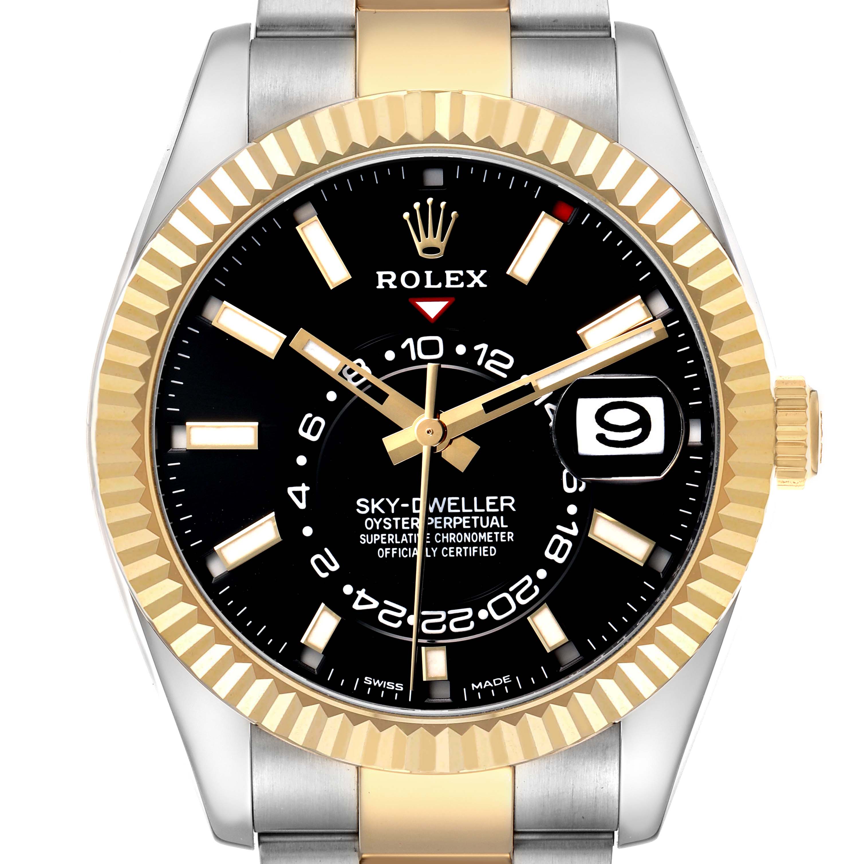 The Rolex Sky-Dweller 326933 Men's Steel and Gold (two tone) Black Dial watch is shown from the front, highlighting its dial, bezel, and partially visible bracelet.