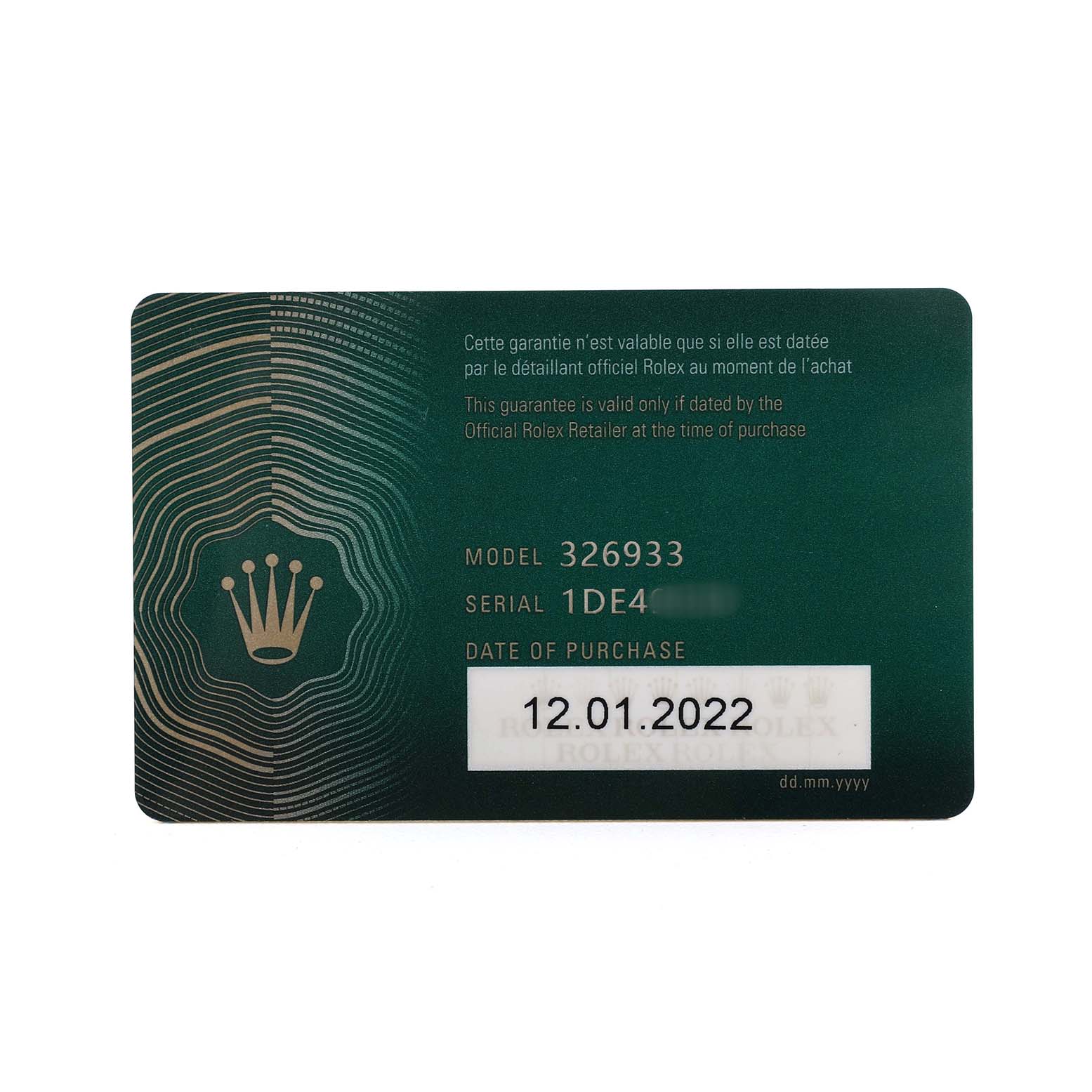 The image shows a warranty card for the Rolex Sky-Dweller 326933 Men's Steel and Gold (two tone) Black Dial model.