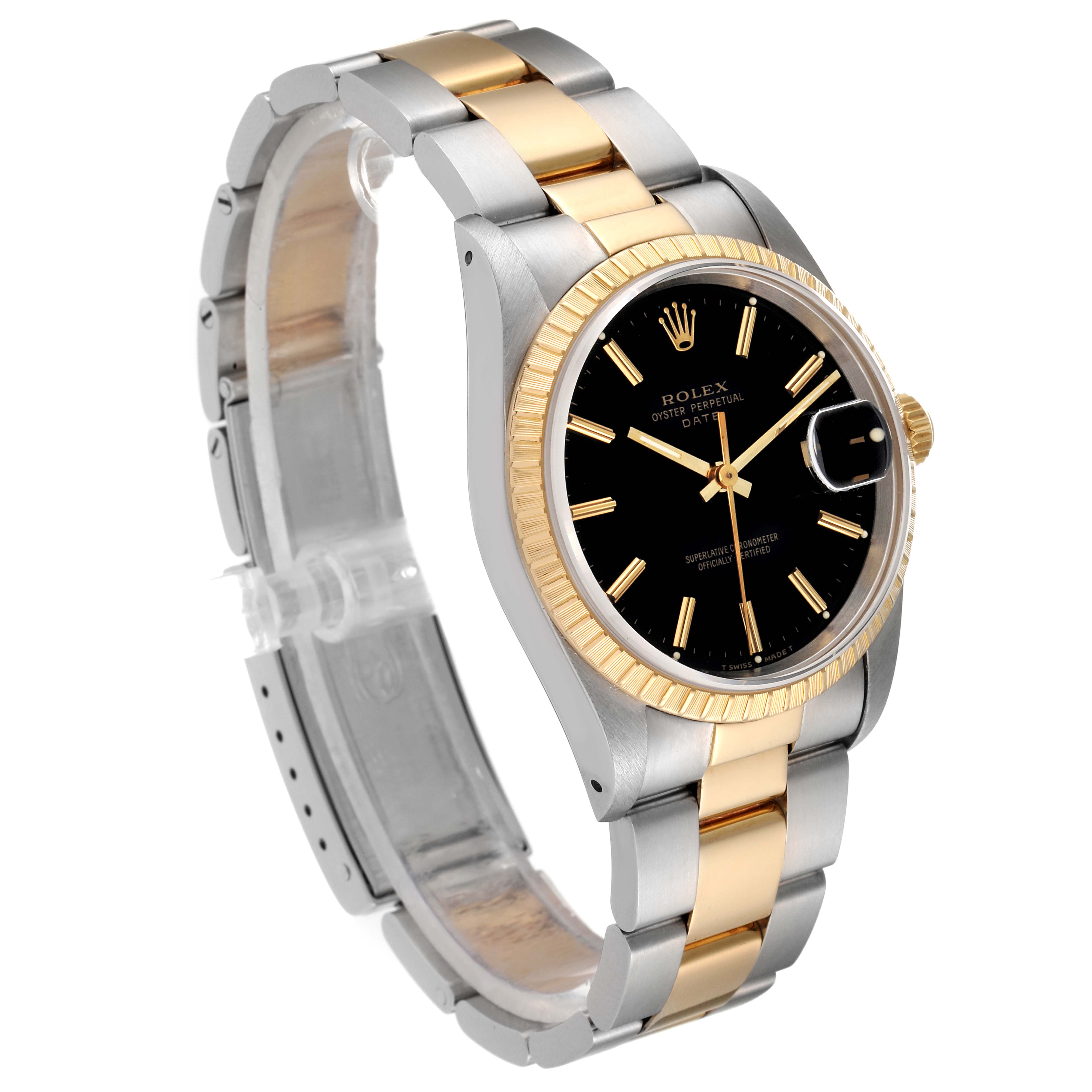 The Rolex Date 15223 Men's Steel and Gold (two tone) Black Dial 15223 Men's Steel and Gold (two tone) Black Dial model watch is shown at an angle, featuring the bracelet, case, dial, bezel, and crown.