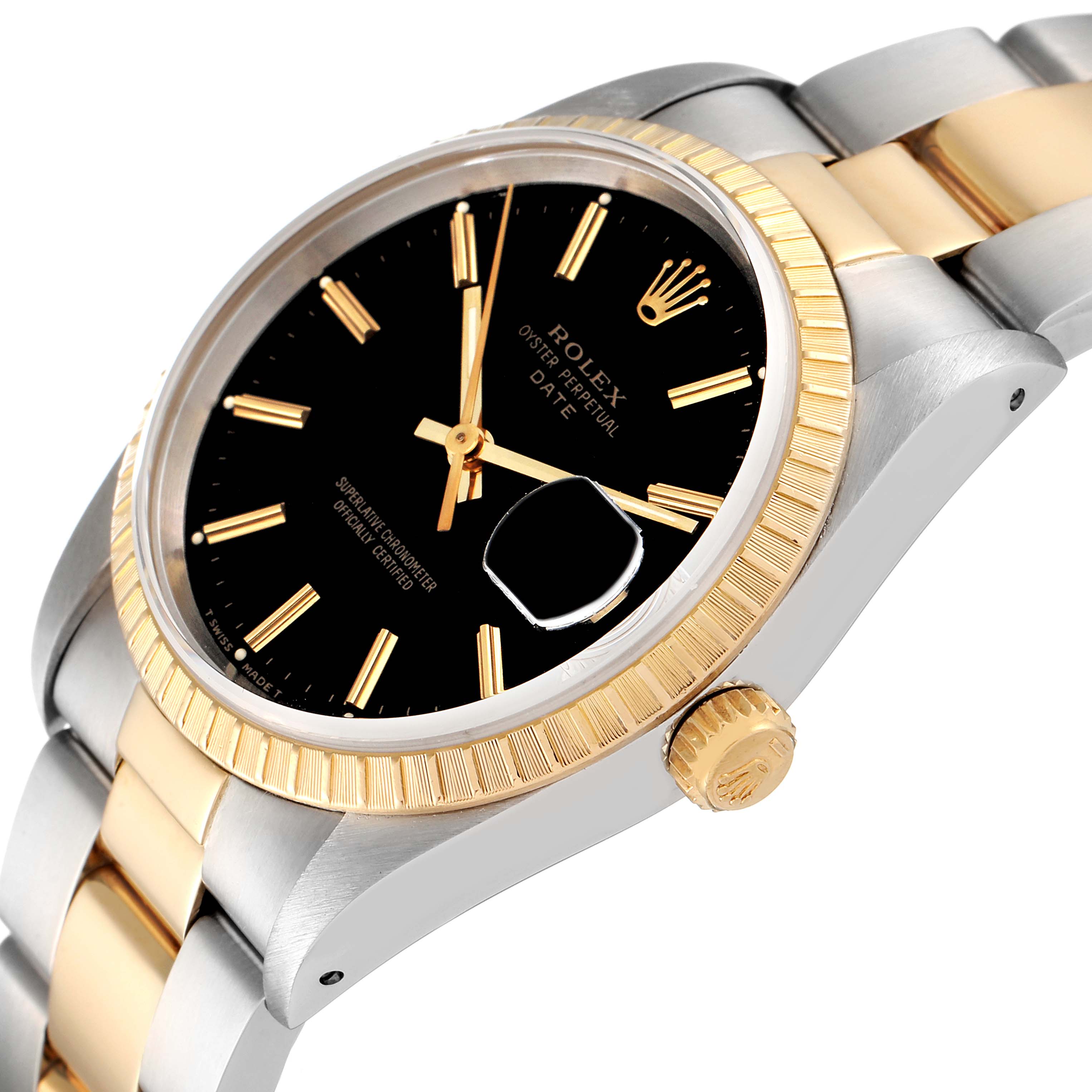 This image shows a close-up of the Rolex Date 15223 Men's Steel and Gold (two tone) Black Dial 15223 Men's Steel and Gold (two tone) Black Dial model watch, highlighting its dial, bezel, and part of the bracelet at a slight angle.