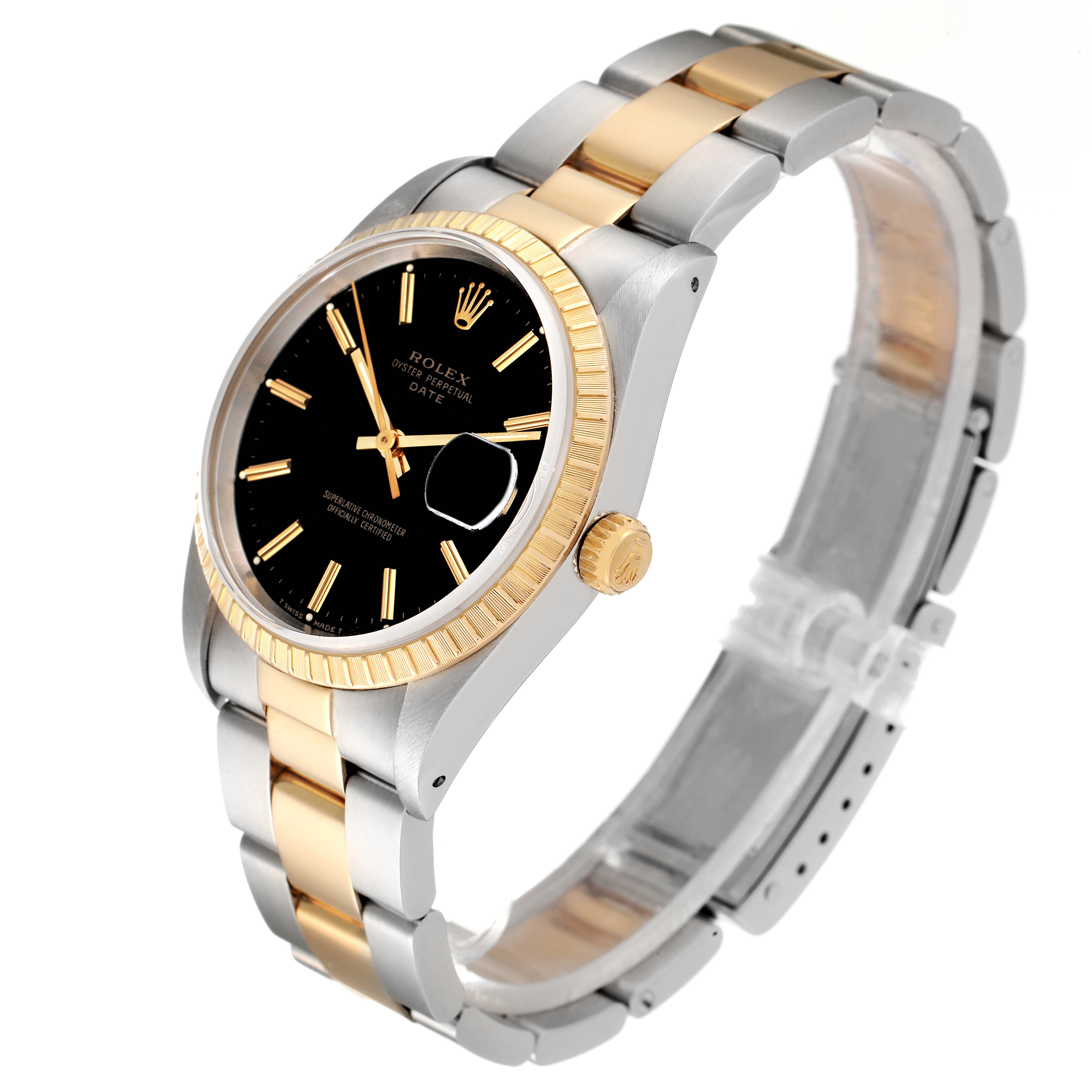 The image shows a Rolex Date 15223 Men's Steel and Gold (two tone) Black Dial 15223 Men's Steel and Gold (two tone) Black Dial model watch at a three-quarter angle, displaying its dial, bezel, crown, and bracelet.