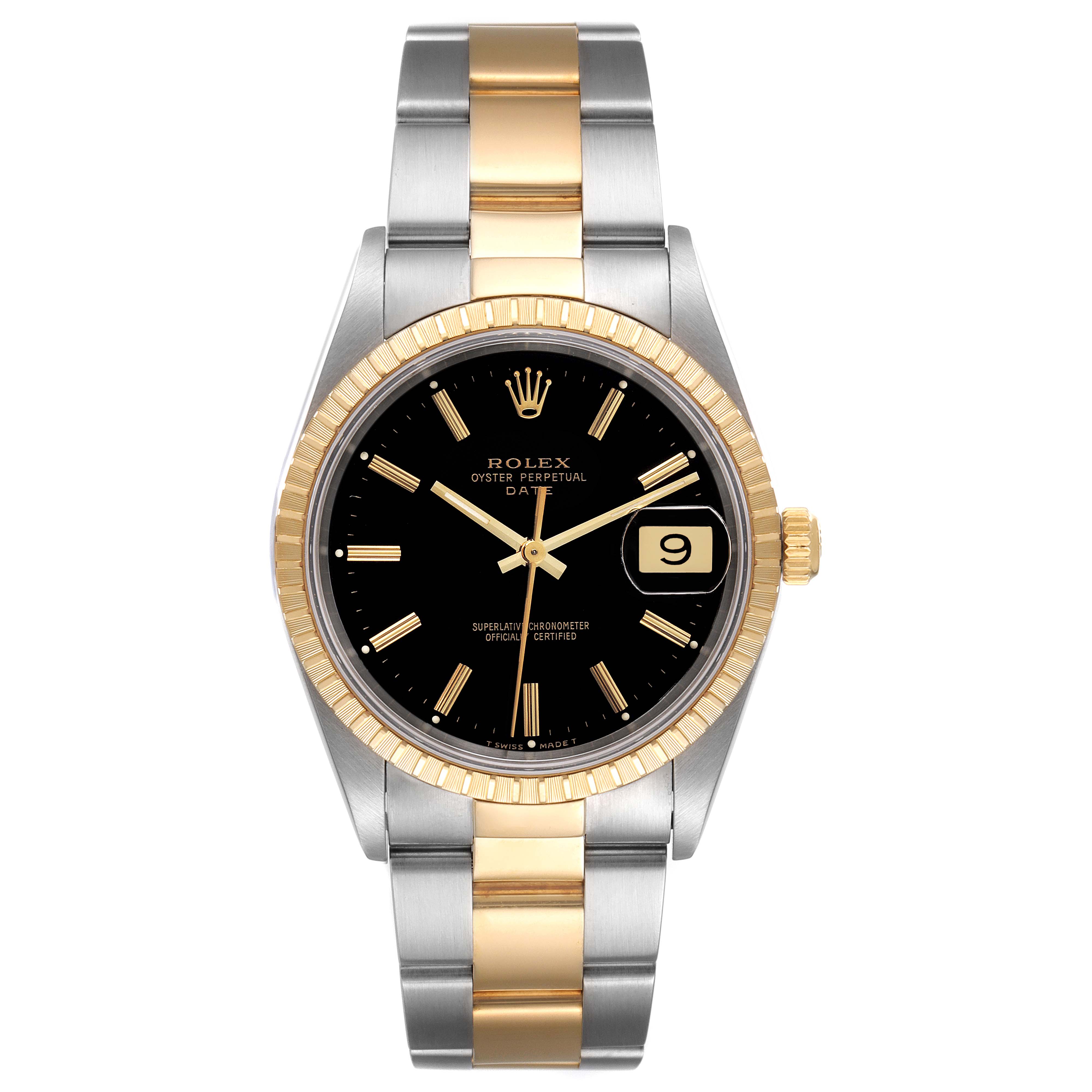 This Rolex Date 15223 Men's Steel and Gold (two tone) Black Dial 15223 Men's Steel and Gold (two tone) Black Dial watch model is shown from a front angle, displaying its two-tone bracelet, black dial, and date window.