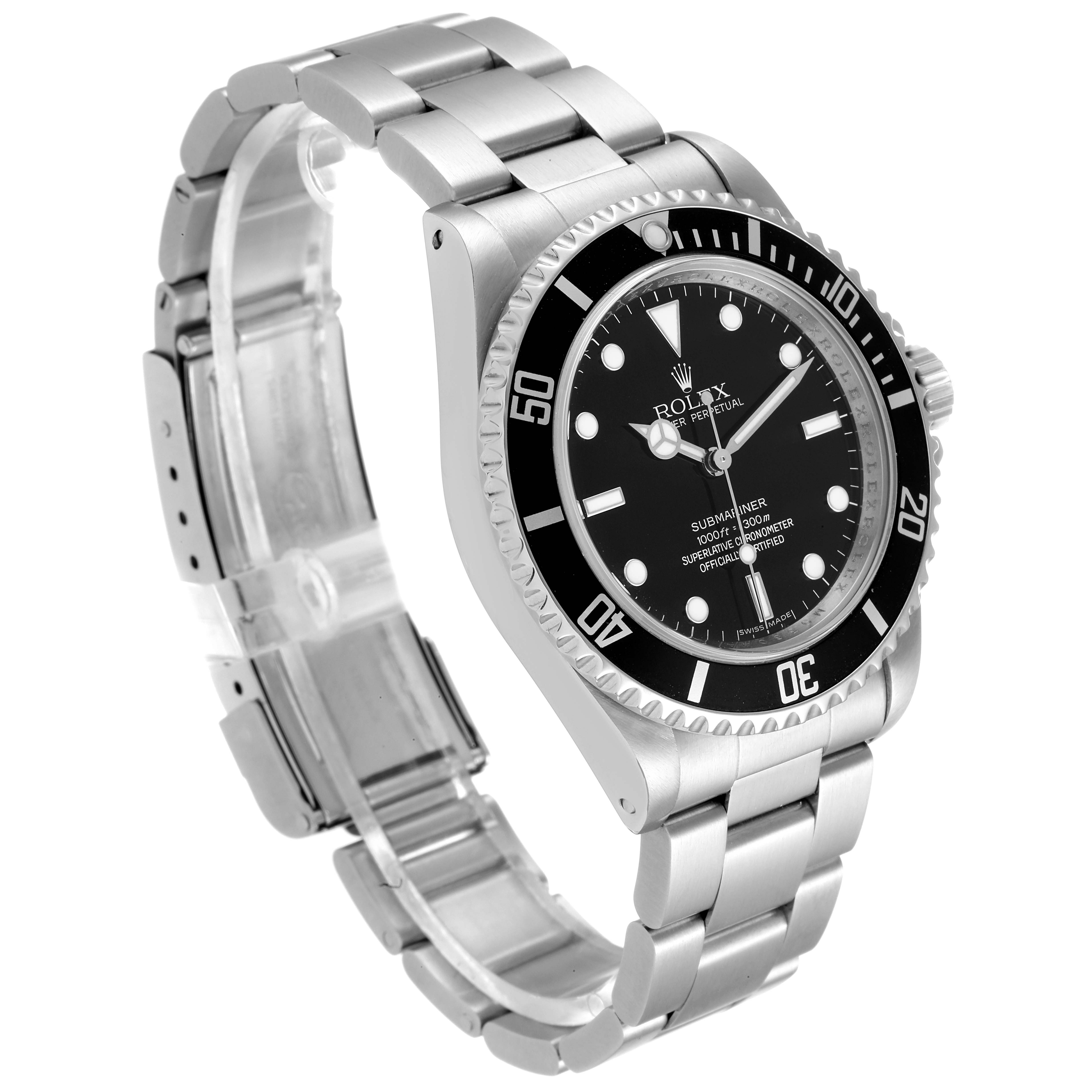 This image shows a Rolex Submariner 14060 Men
s Stainless Steel Black Dial 14060 Men
s Stainless Steel Black Dial watch at an angled perspective displaying its face, bezel, bracelet, and clasp.