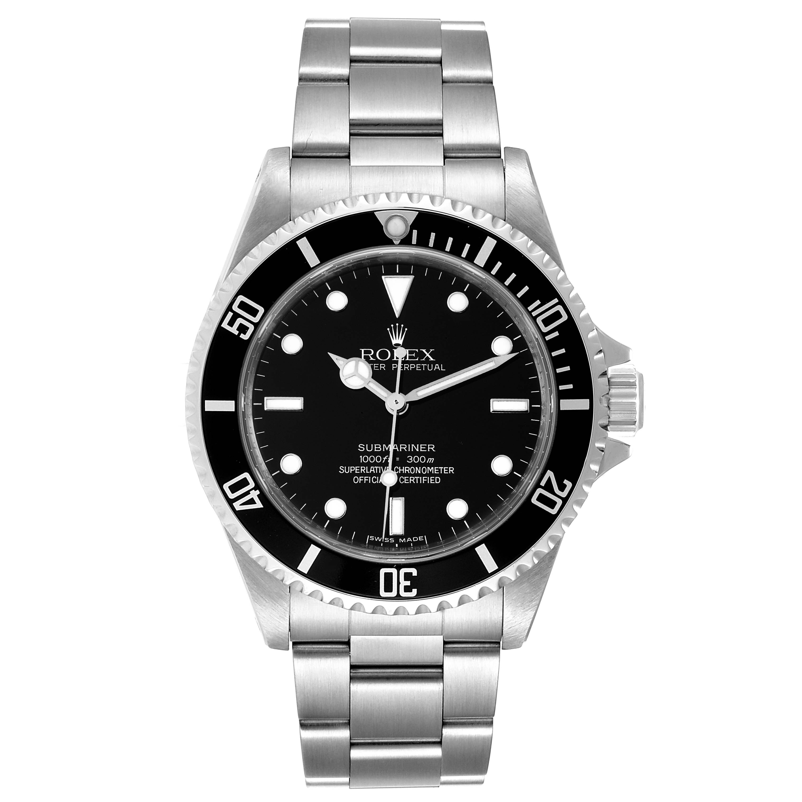 This image shows a front view of a Rolex Submariner 14060 Men
s Stainless Steel Black Dial 14060 Men
s Stainless Steel Black Dial watch, displaying the dial, hands, bezel, and bracelet.