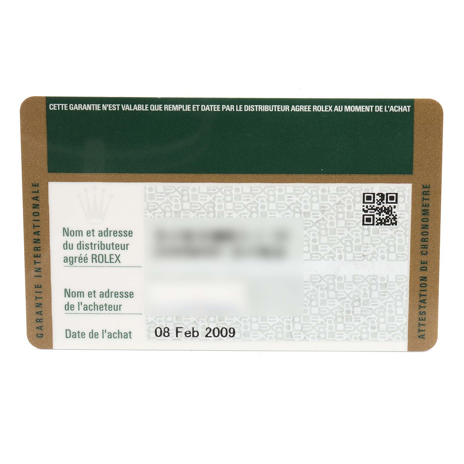 The image shows a warranty card for a Rolex Submariner 14060 Men
s Stainless Steel Black Dial 14060 Men
s Stainless Steel Black Dial watch, dated February 8, 2009.