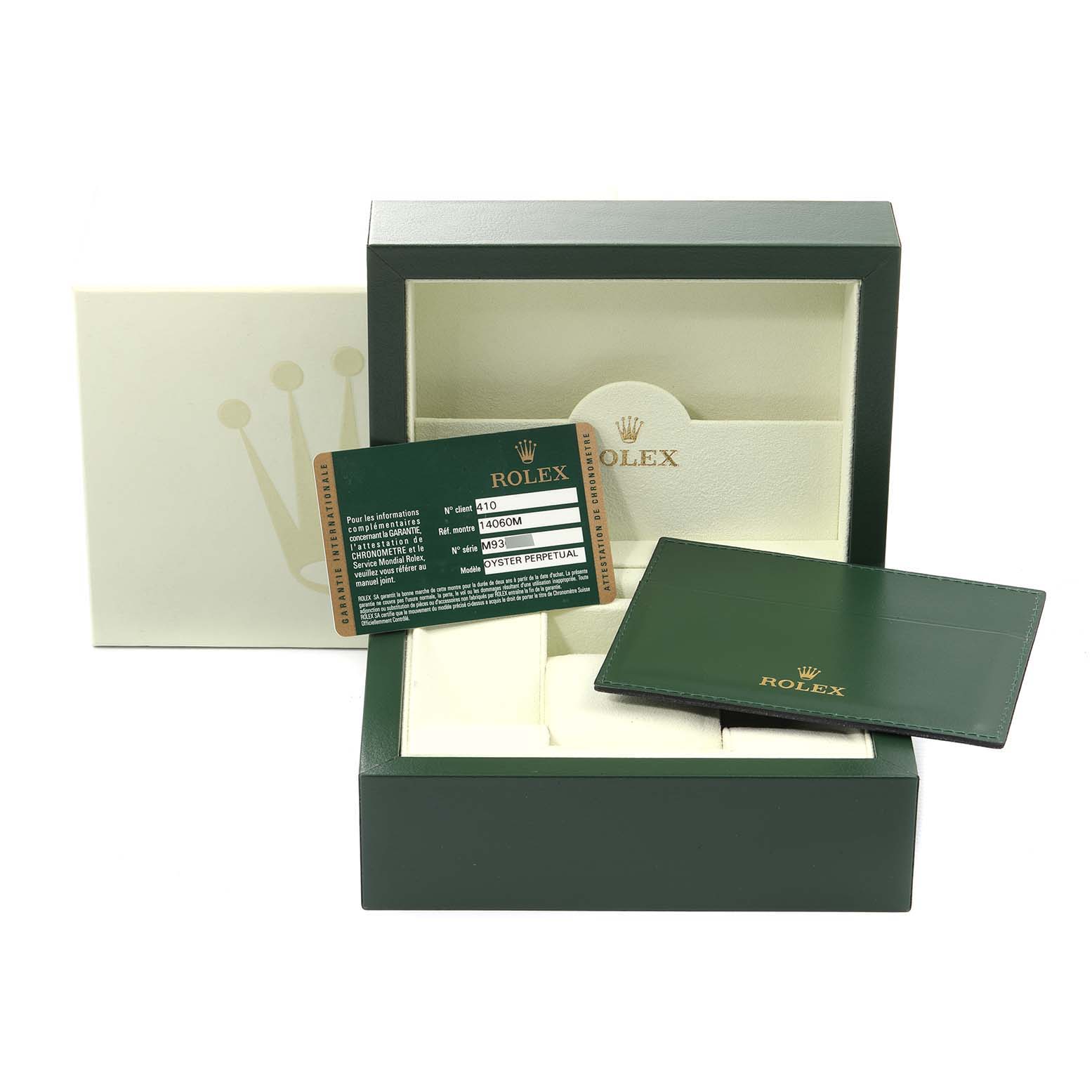 The image shows a green Rolex Submariner 14060 Men
s Stainless Steel Black Dial 14060 Men
s Stainless Steel Black Dial watch box, warranty card, and cardholder from a frontal angle.