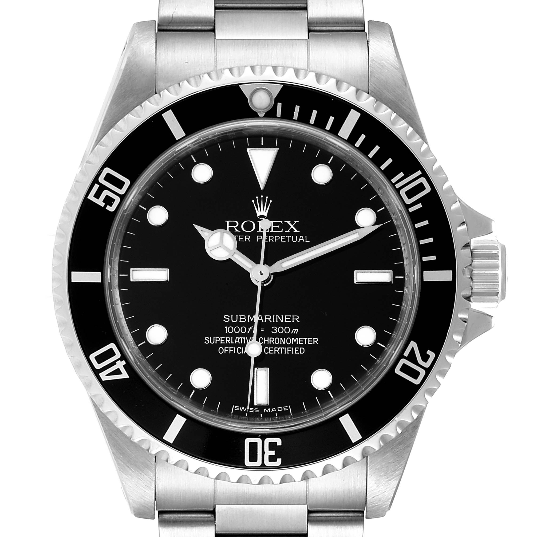 This image shows a front view of the Rolex Submariner 14060 Men
s Stainless Steel Black Dial 14060 Men
s Stainless Steel Black Dial watch, highlighting the bezel, dial, and bracelet.