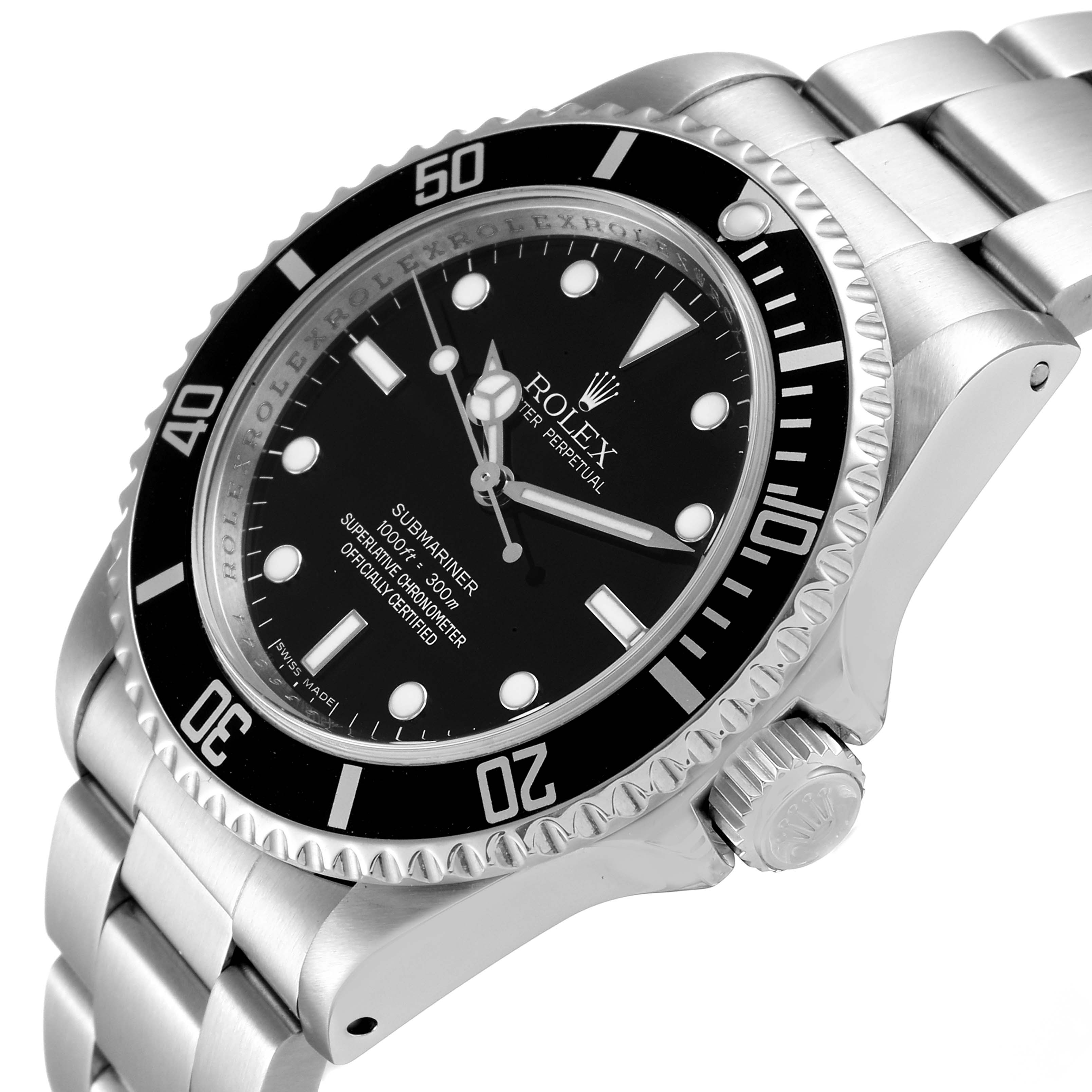 The image shows a close-up angle of the Rolex Submariner 14060 Men
s Stainless Steel Black Dial 14060 Men
s Stainless Steel Black Dial, highlighting its face, bezel, crown, and part of the bracelet.